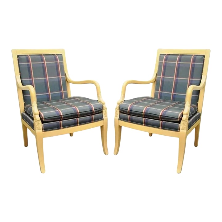 Late 20th Century Italian Regency Carved Dolphin Fireside Lounge Arm Chairs - a Pair: Ethan Allen Italian Regency Carved Dolphin Fireside Lounge Arm Chairs - a Pair. Item features solid carved wood frames, dolphin form arms, plaid upholstery, removable cushions. Marked 889607-03-001.