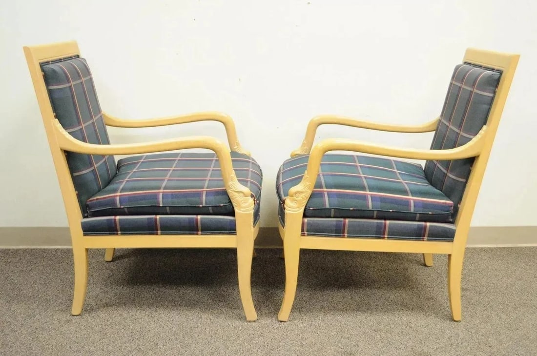 Late 20th Century Italian Regency Carved Dolphin Fireside Lounge Arm Chairs - a Pair - 4