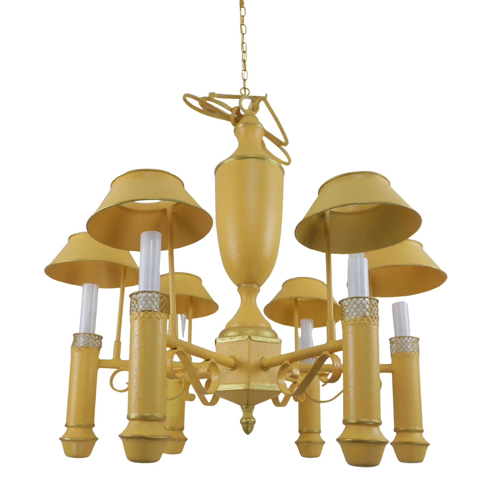Retro Yellow Gold-Painted Six-Lamp Chandelier With Lampshade: French 20th-century yellow Tole six-light chandelier with hand-painted gilt border.20th-century French yellow tolle six-light chandelier with hand-painted gold accents. Six straight arms support the