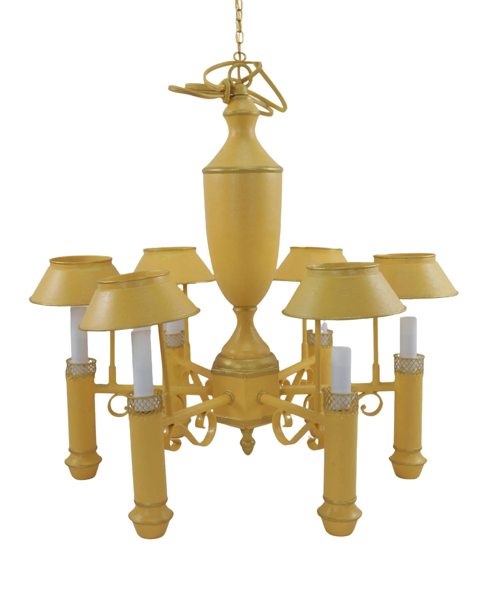 Retro Yellow Gold-Painted Six-Lamp Chandelier With Lampshade - 2