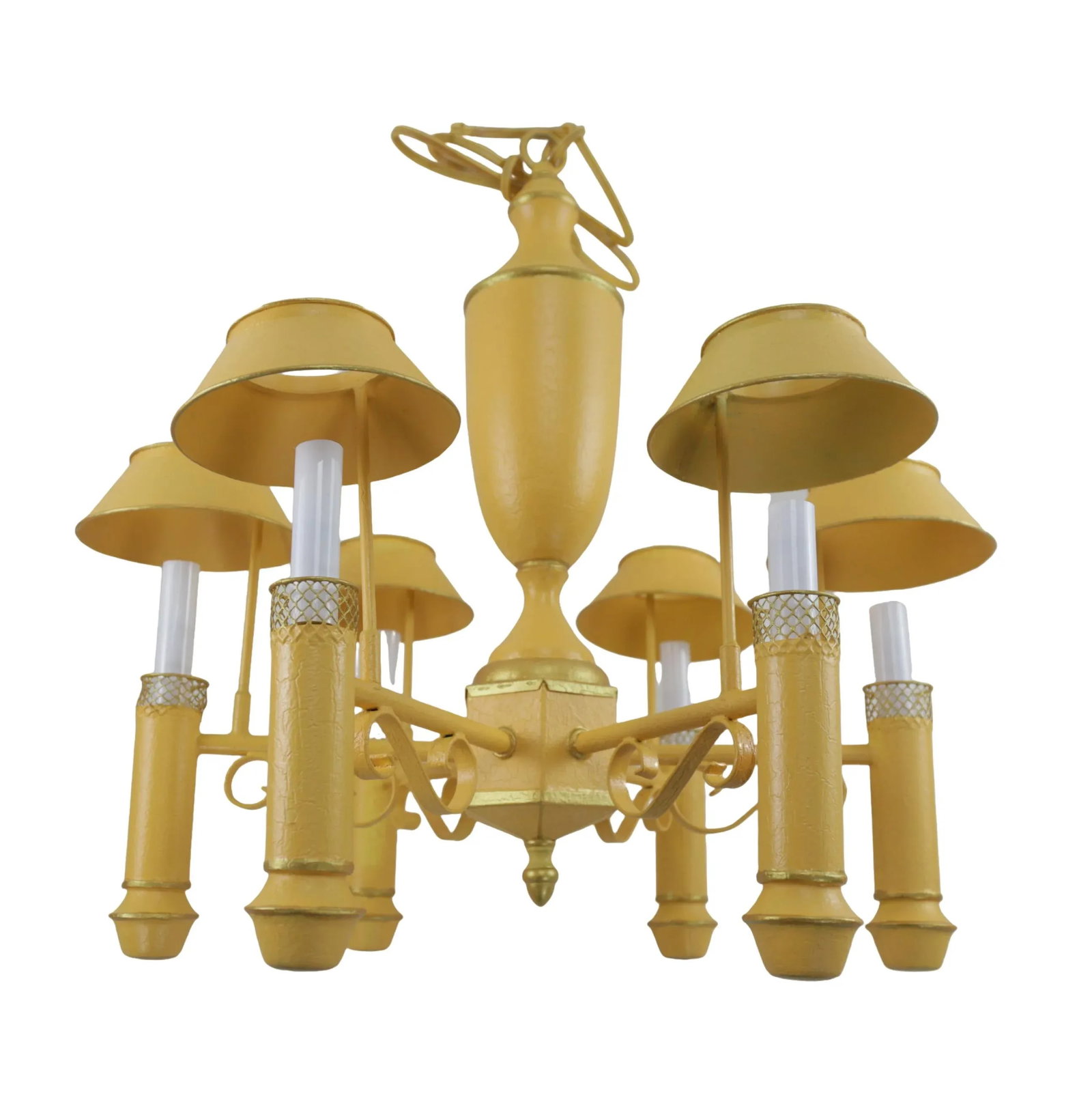 Retro Yellow Gold-Painted Six-Lamp Chandelier With Lampshade - 3