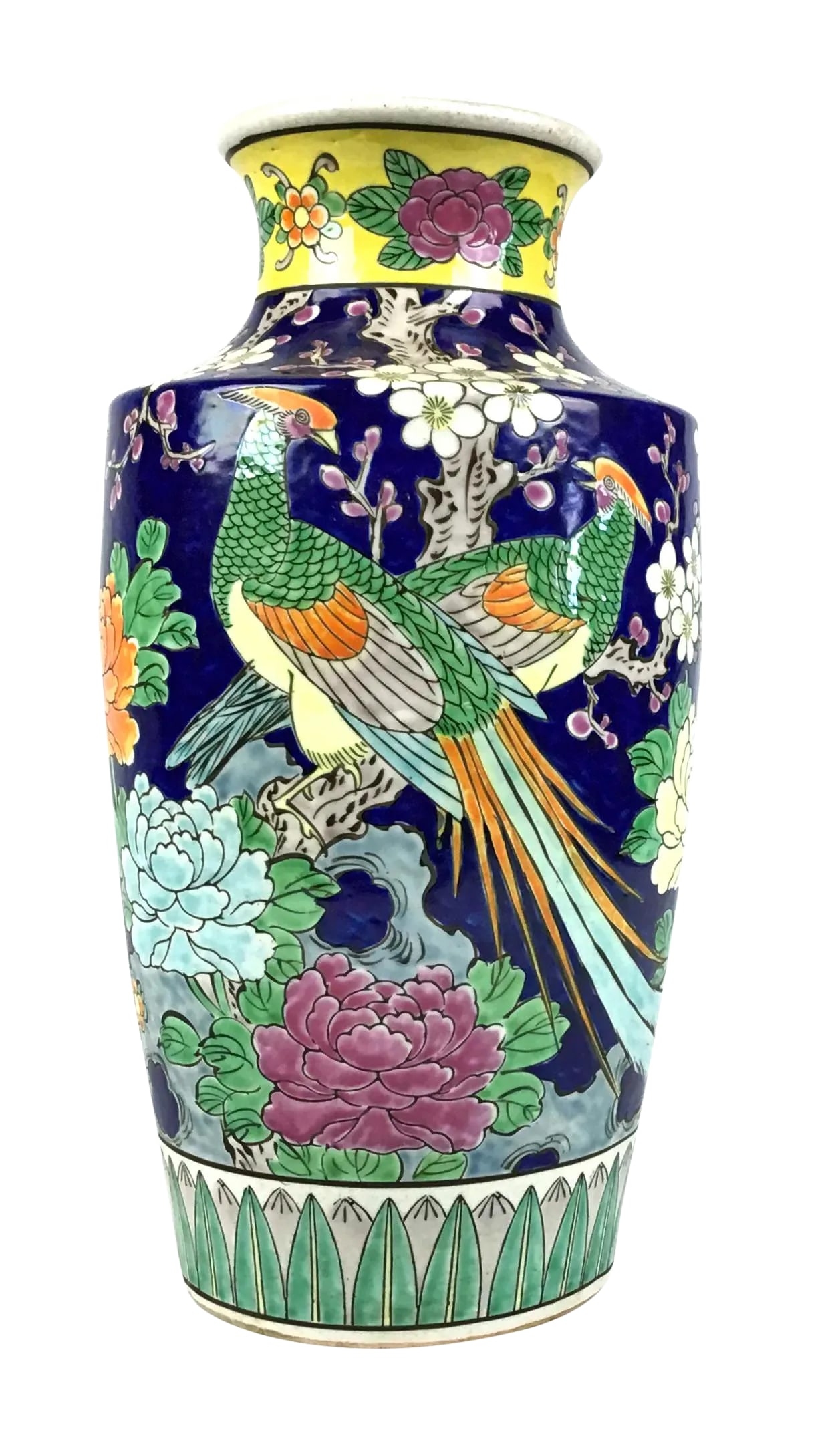 1950's Vintage Japan Double Peacock Cobalt Hand Painted Vase: Rich vibrant colors make up this wonderful vintage Japanese vase. Perfect size to show off all your beautiful fresh flowers. We love the rich cobalt blue and the green, pink, and orange mix. All hand
