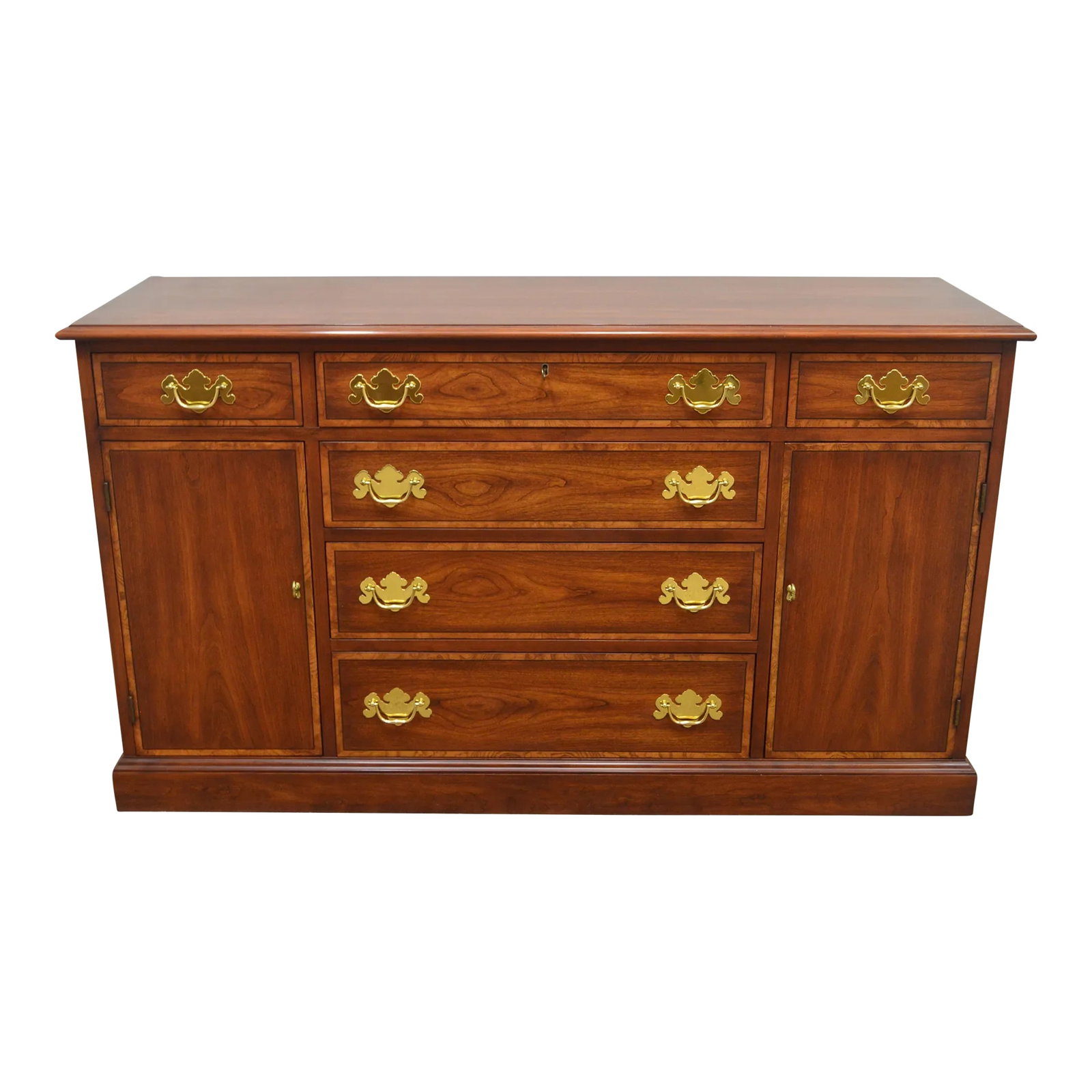 Henkel Harris Cherry Sideboard: Cherry Sideboard by Henkel Harris, store item #409. It features banded wood, dovetailed drawers and brass hardware . Condition: Alterations: Original Condition Unaltered Imperfections: Some Imperfecti