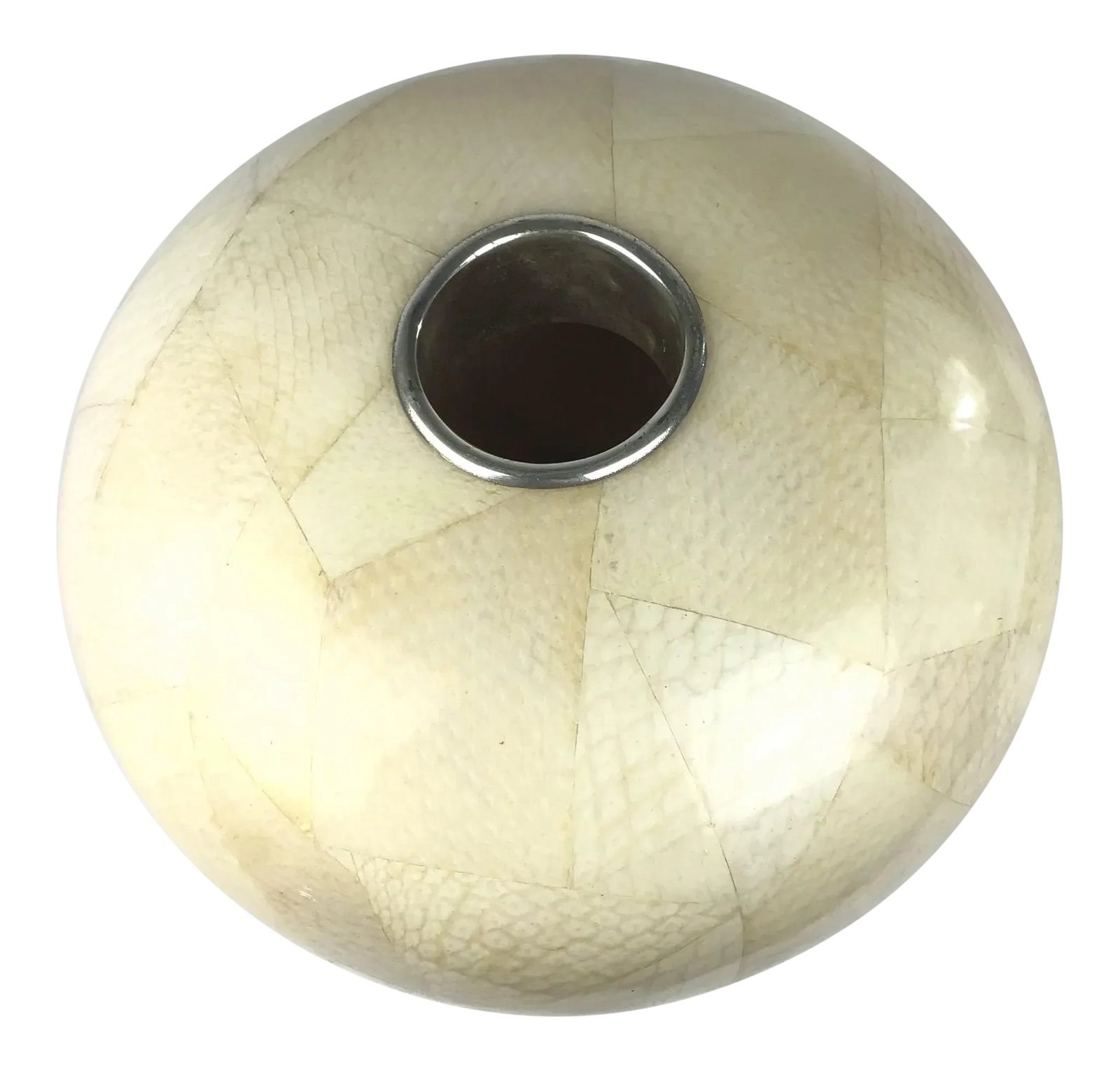 Vintage Maitland Smith Salmon Skin Leather Covered Oval Vase With Epoxy: Unique patchwork salmon skin covered vessel in a large round or oval shape. Inside rim is stainless steel and the bottom has a felt base. The outside has a cream colored patch design made of swatches