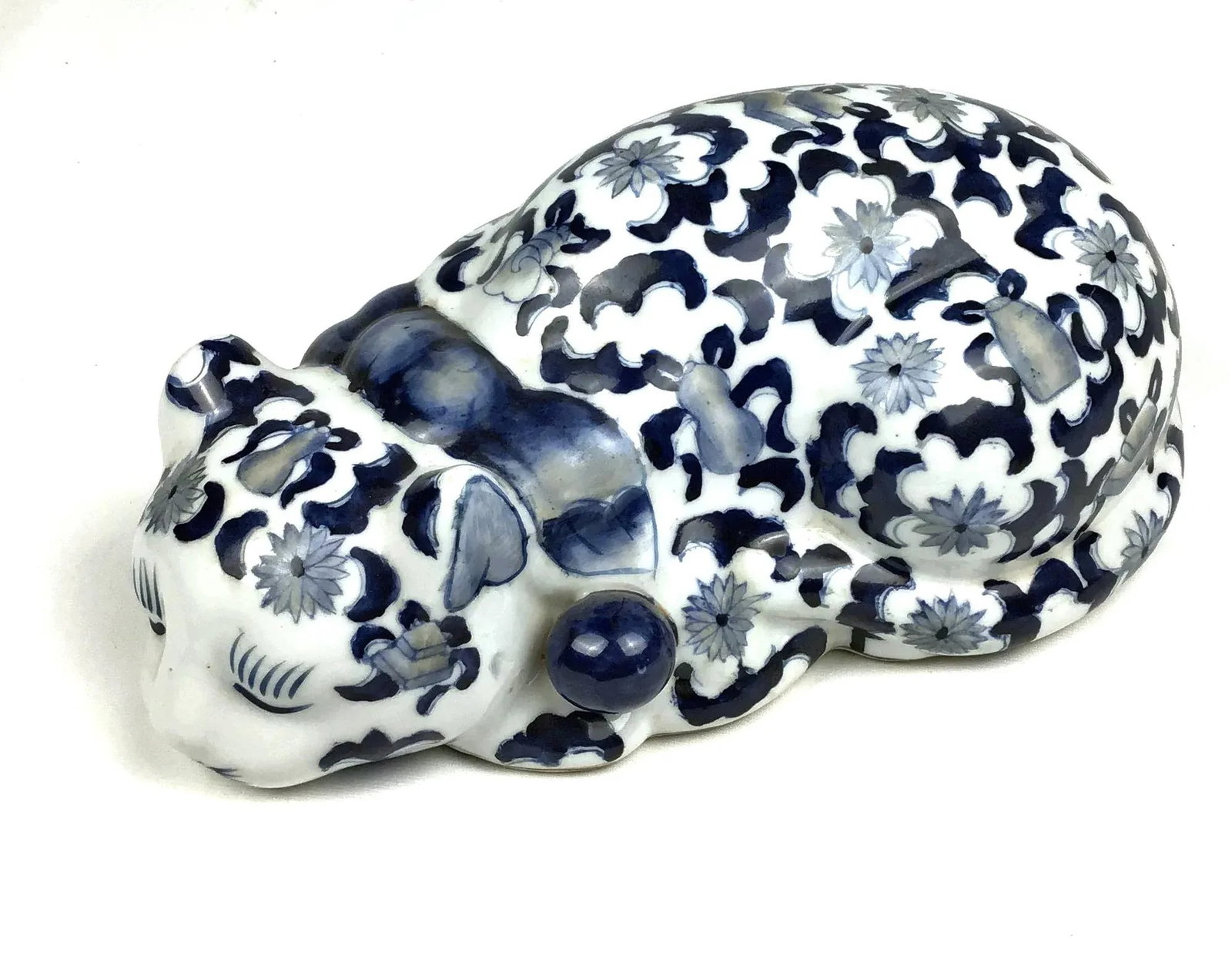 Mid Century Blue & White Porcelain Laying Cat Figurine - 2