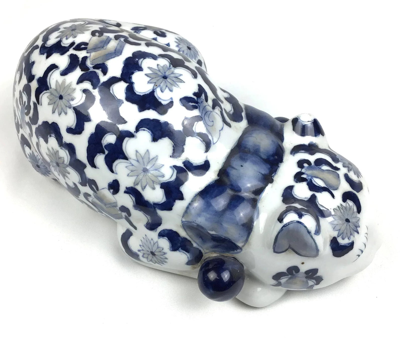 Mid Century Blue & White Porcelain Laying Cat Figurine - 3