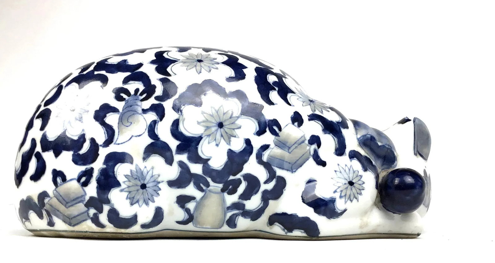 Mid Century Blue & White Porcelain Laying Cat Figurine - 7