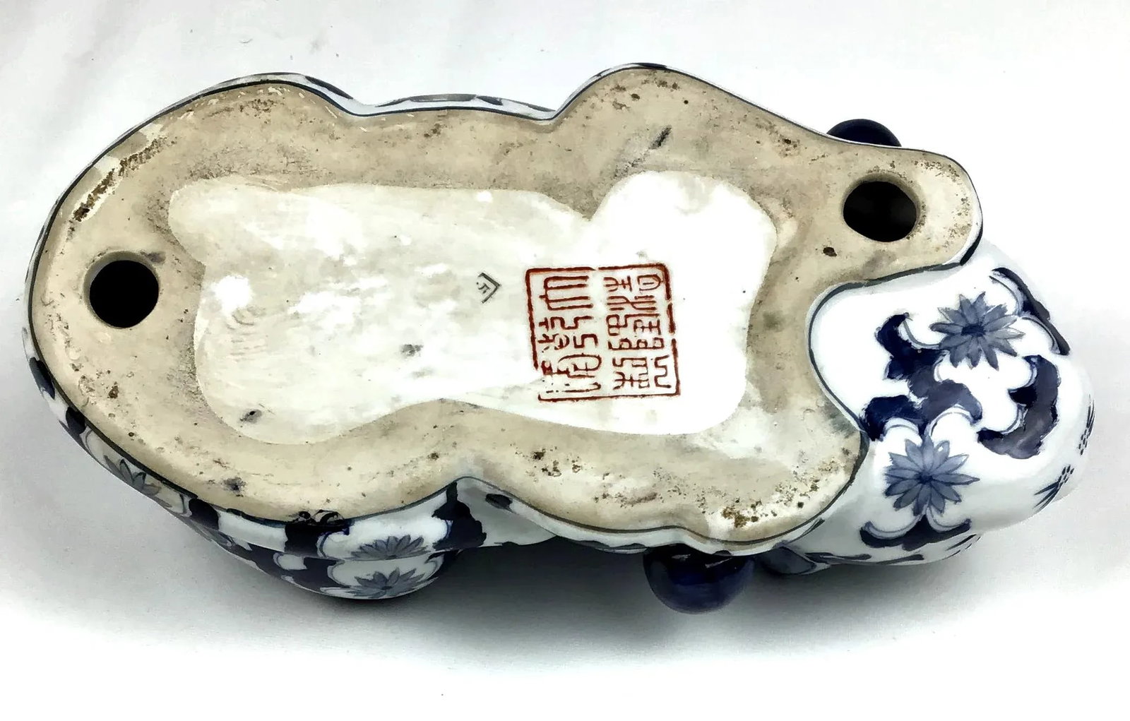 Mid Century Blue & White Porcelain Laying Cat Figurine - 9