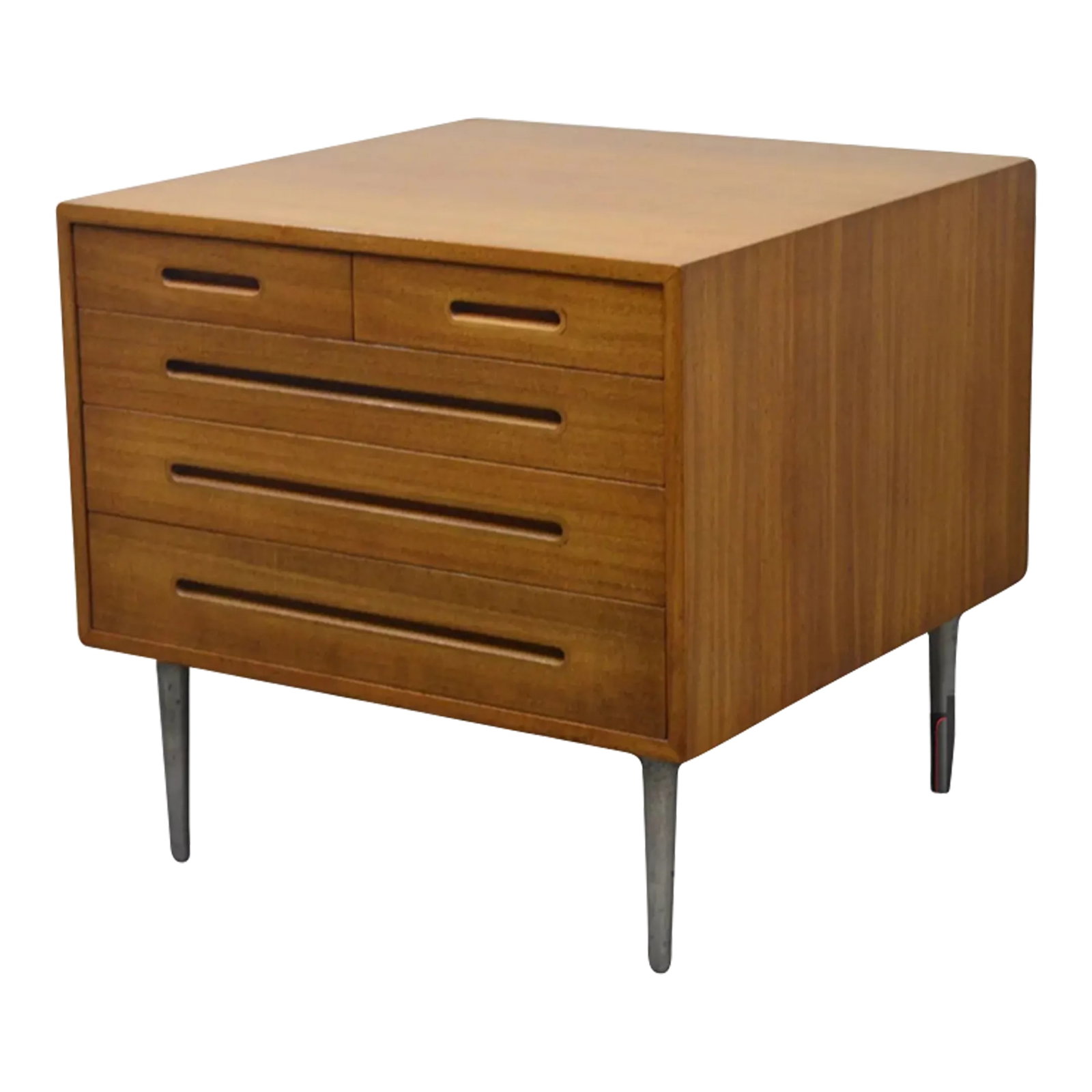 Edward Wormley for Dunbar Mid Century Modern Chest: Mid-century Chest by Edward Wormley, store item #441. It features five dovetailed drawers amd metal feet. Condition: Alterations: Original Condition Unaltered Imperfections: Some Imperfections
