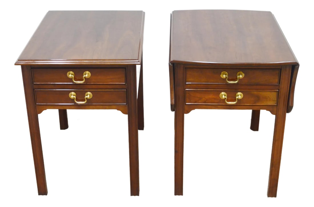 Pair of Stickley Cherry Side Tables: Pair of Side Tables by Stickley. Store item #471. They feature solid wood construction and brass hardware. Measurements:# 1. 25"H x 19"W x 26"D. #2. 25"H x 19.5"W(extends to 36.5")x 27"D. Condition: A