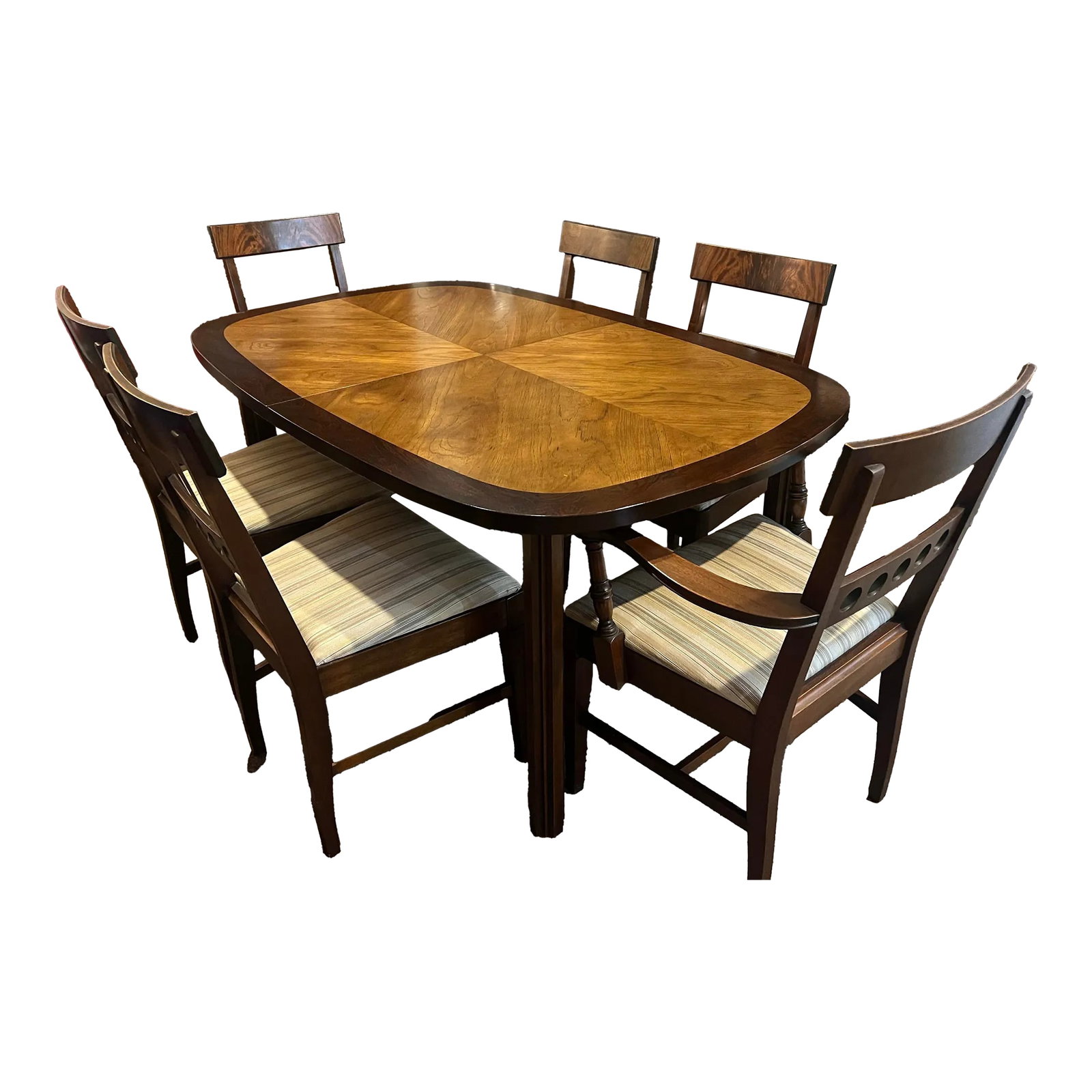 1960s Lane Tower Suite Collection Table With Chairs: Lane Tower Suite Collection Dining Table with 6 non-lane brand chairs. Table measures 66" long 42" wide 30" high two 18" leaves come with the table. extending the table to 102" long Table is in good