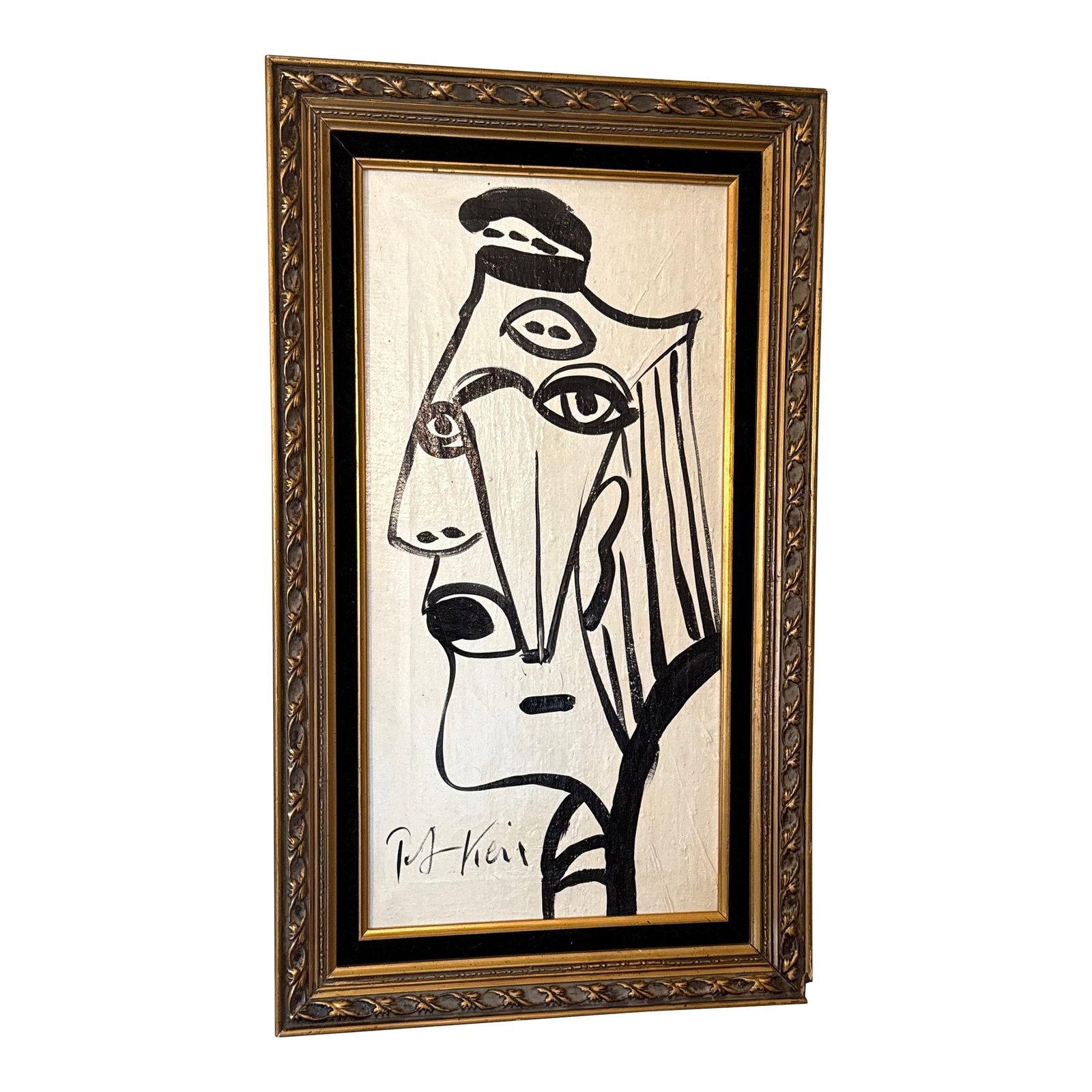 1970s Abstract Face Black and White Painting by Peter Keil, Framed: Fantastic Original Painting by Listed German Artist Peter Robert Keil (born 1942-) This piece depicts a cubist face in black oil. Framed in vintage gold frame ready to hang COA on back guaranteed auth