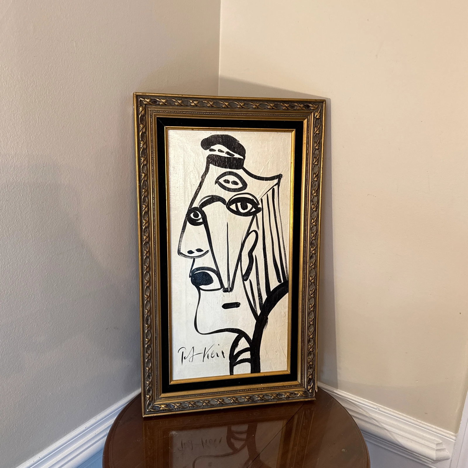 1970s Abstract Face Black and White Painting by Peter Keil, Framed - 2