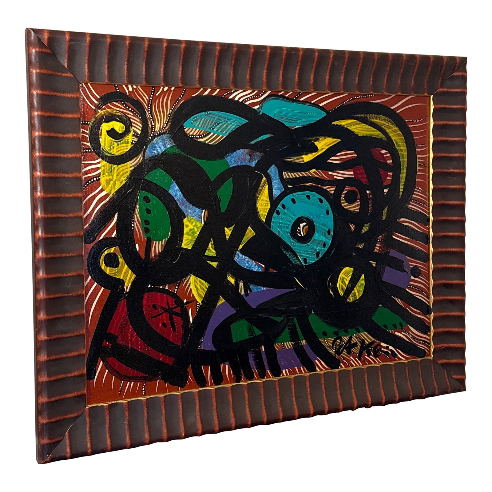 1970s Peter Keil Miro Style Abstract Painting ~ Framed: Fantastic Original Peter Keil (born 1942) Abstract Miro Painting. This wonderful piece depicts a colorful blend of shapes and is titled on the back "abstract composition" P Keil. It is known that