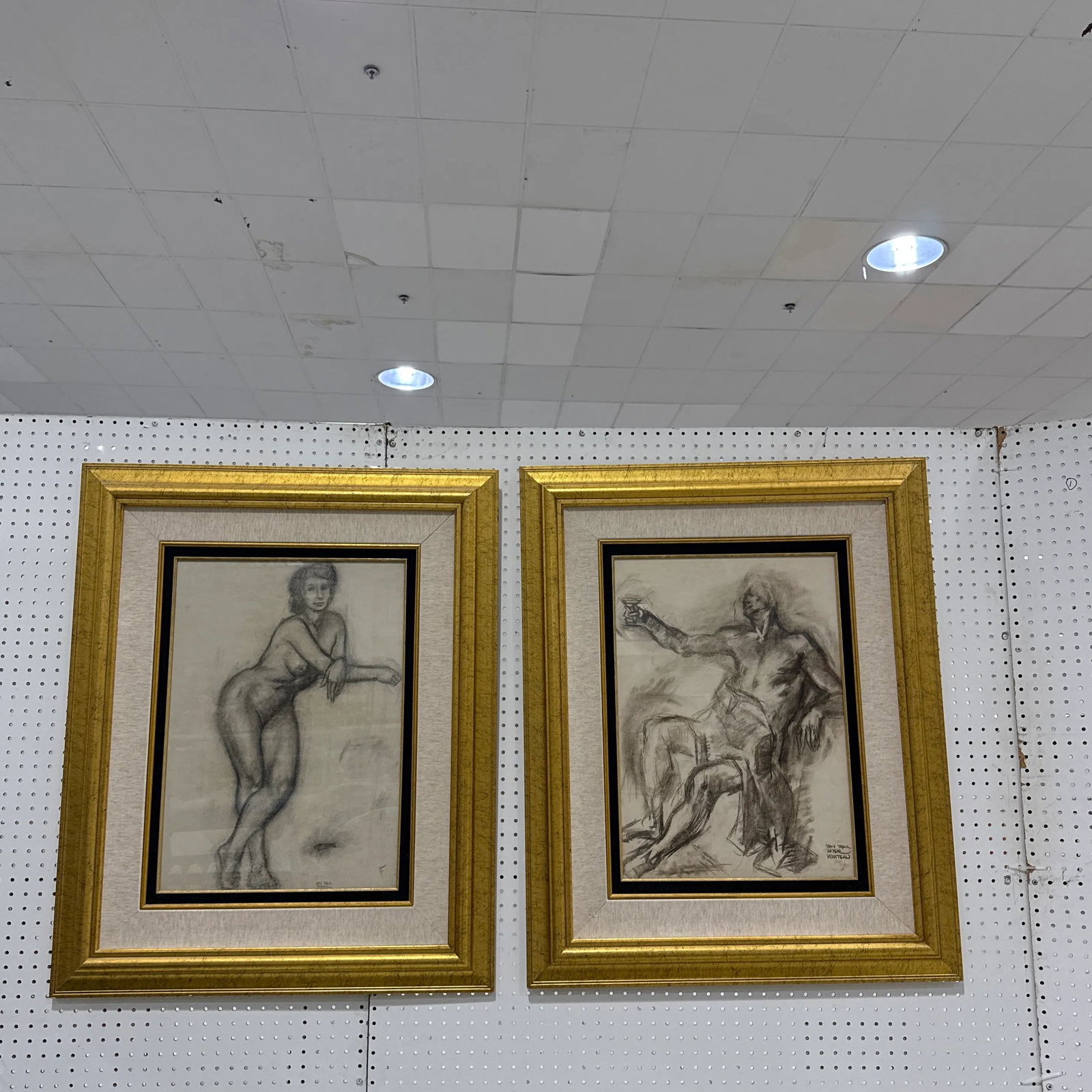 Framed Charcoal Nude Sketches by 20th Century Artist Ray Trail ~ a Pair - 2