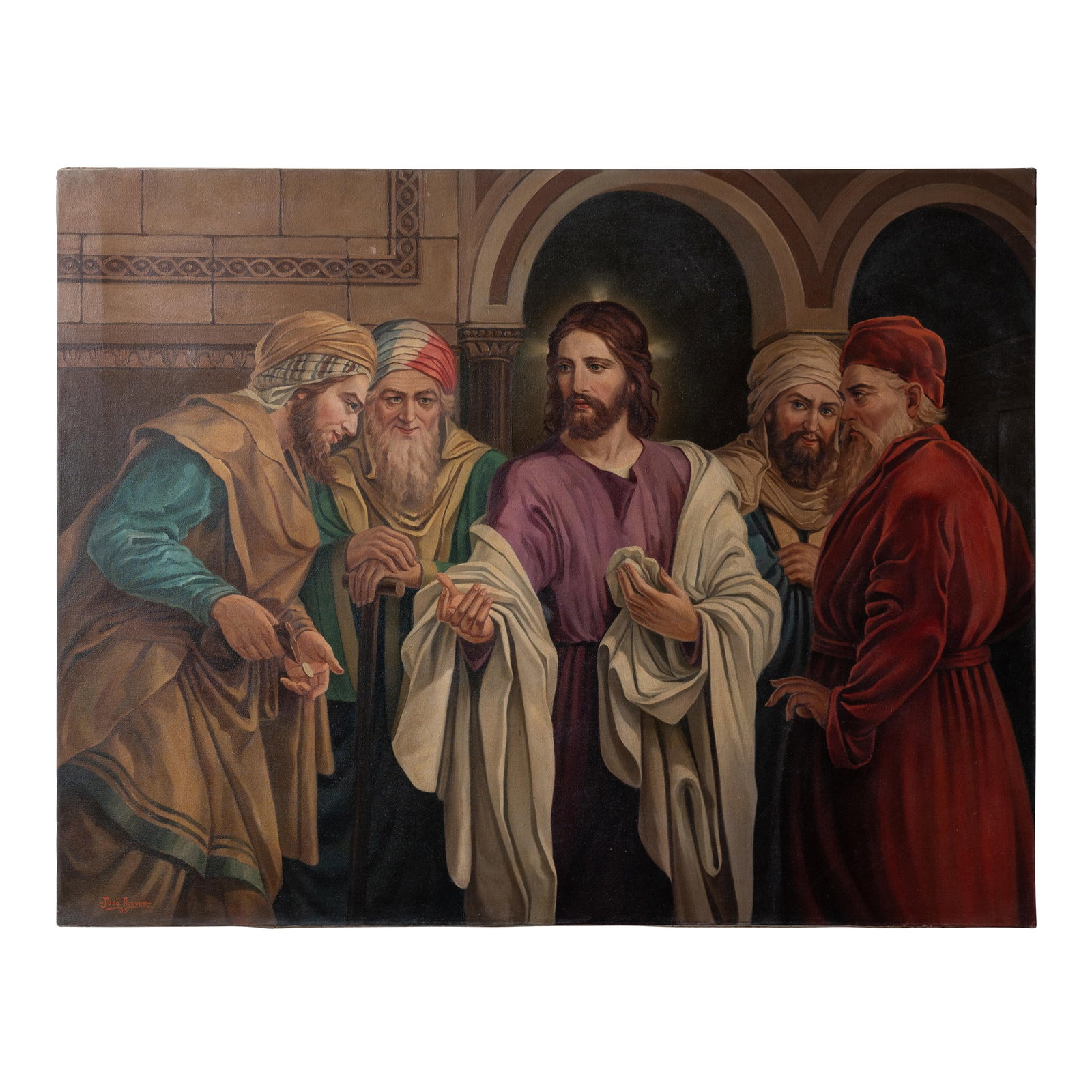 Jose Aceves - "Render Unto Caesar" Oil Painting, 1933: Jose Aceves (American, 1909-1968) An oil on canvas depicting the scene of Christ and the coin from the synoptic Gospels Matthew 22, Mark 12, and Luke 20: "Then render unto Caesar the things that are