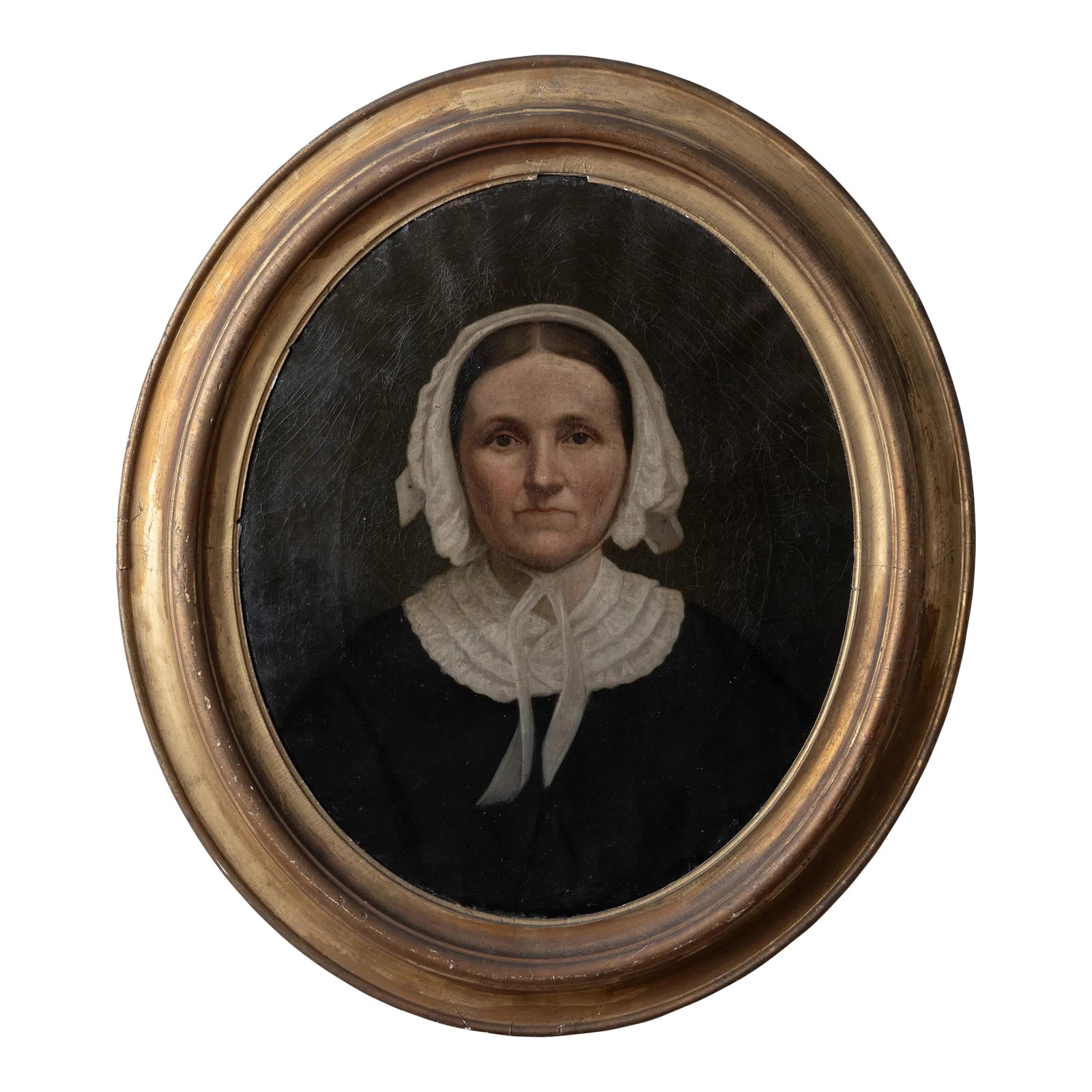 American School Portrait Painting, 19th Century: An American school oval portrait painting of a lady, mid-19th century. canvas: 20 1/4 inches wide by 24 inches tall frame: 27 1/2 inches wide by 31 1/2 inches tall by 1 1/2 inches deep Condition: