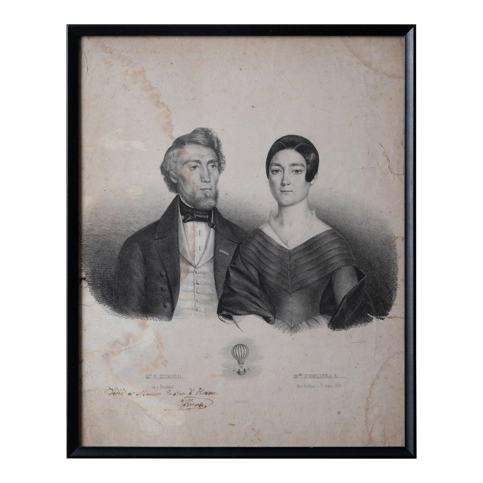 German Hot Air Balloonist Lithograph, C.1840s: A lithograph portraying the balloonist Carl Kirsch of Dusseldorf and his assistant Mlle. Herliska L. de Bordeaux who ascended in his balloon in Bordeaux in October 1842. It was common at the time for