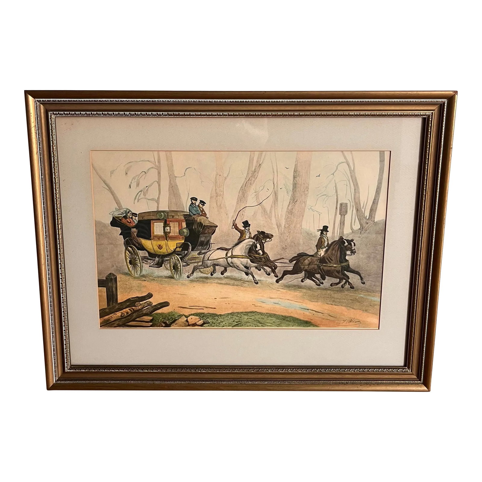 Vintage Framed Hand Colored Etching 'La Chaise De Posse' by Victor-Jean Adam: 'La Chaise de Posse' hand colored etching by Victor-Jean Adam (French, 1801-1866). Original date is 1850, made in France. Signed by artist in the lower right corner along side copyright SZL. Sidney