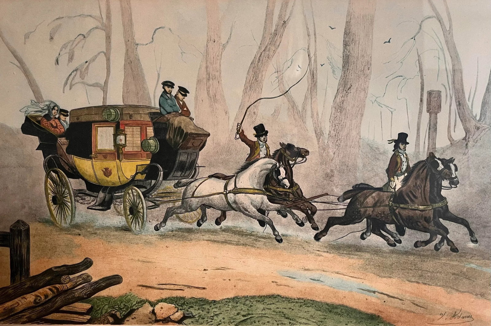 Vintage Framed Hand Colored Etching 'La Chaise De Posse' by Victor-Jean Adam - 5