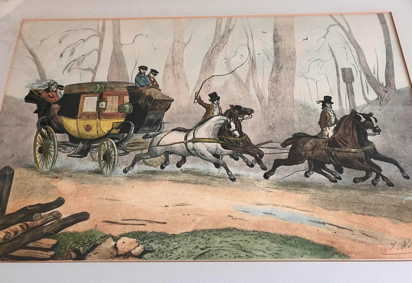 Vintage Framed Hand Colored Etching 'La Chaise De Posse' by Victor-Jean Adam - 7