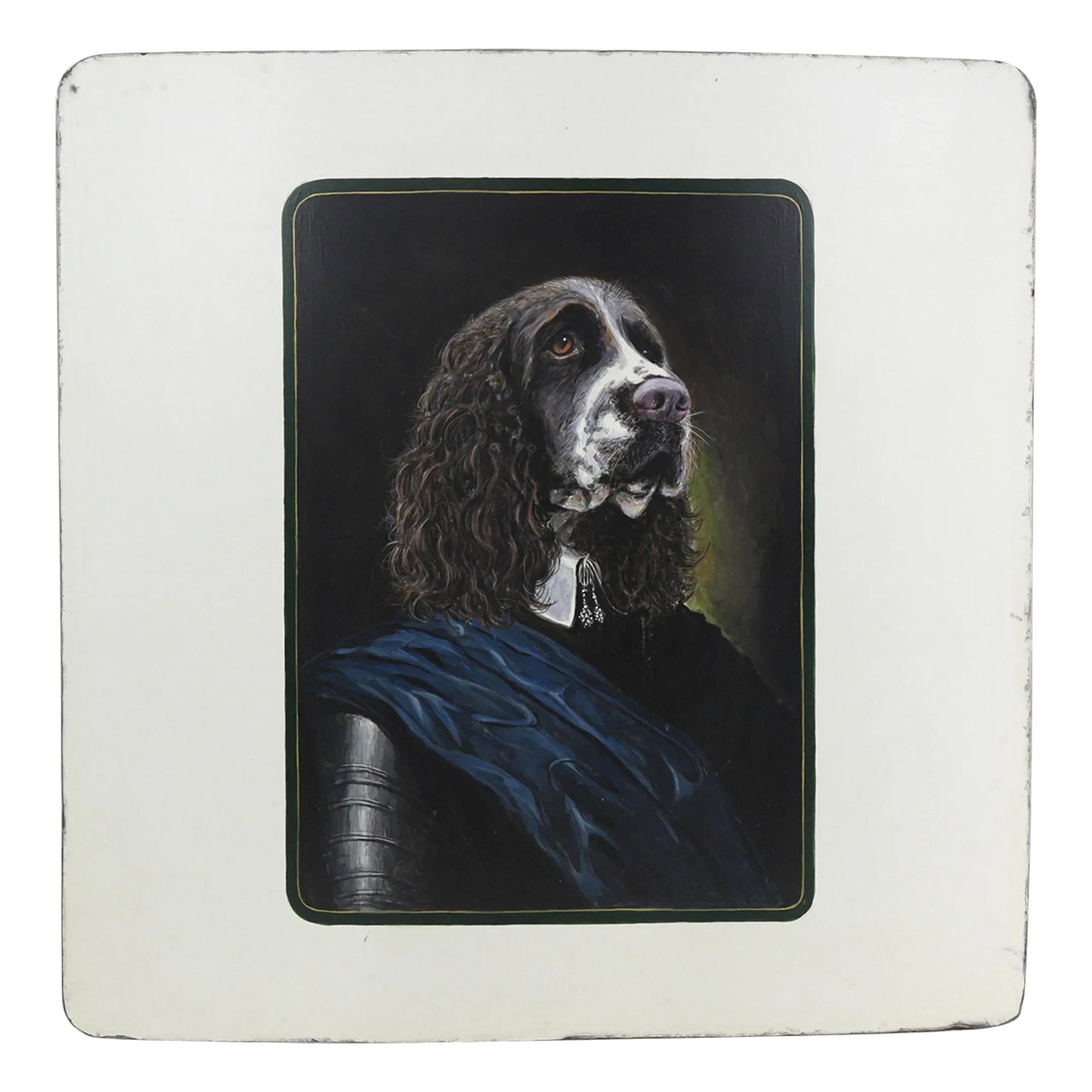 Vintage Iron Plate Oil Painting Dog Portrait: This hand-painted dog portrait is created on a thick iron plate, and the painting is composed in an elegant way. The dog's shape is very humanized, and the overall style is similar to classic