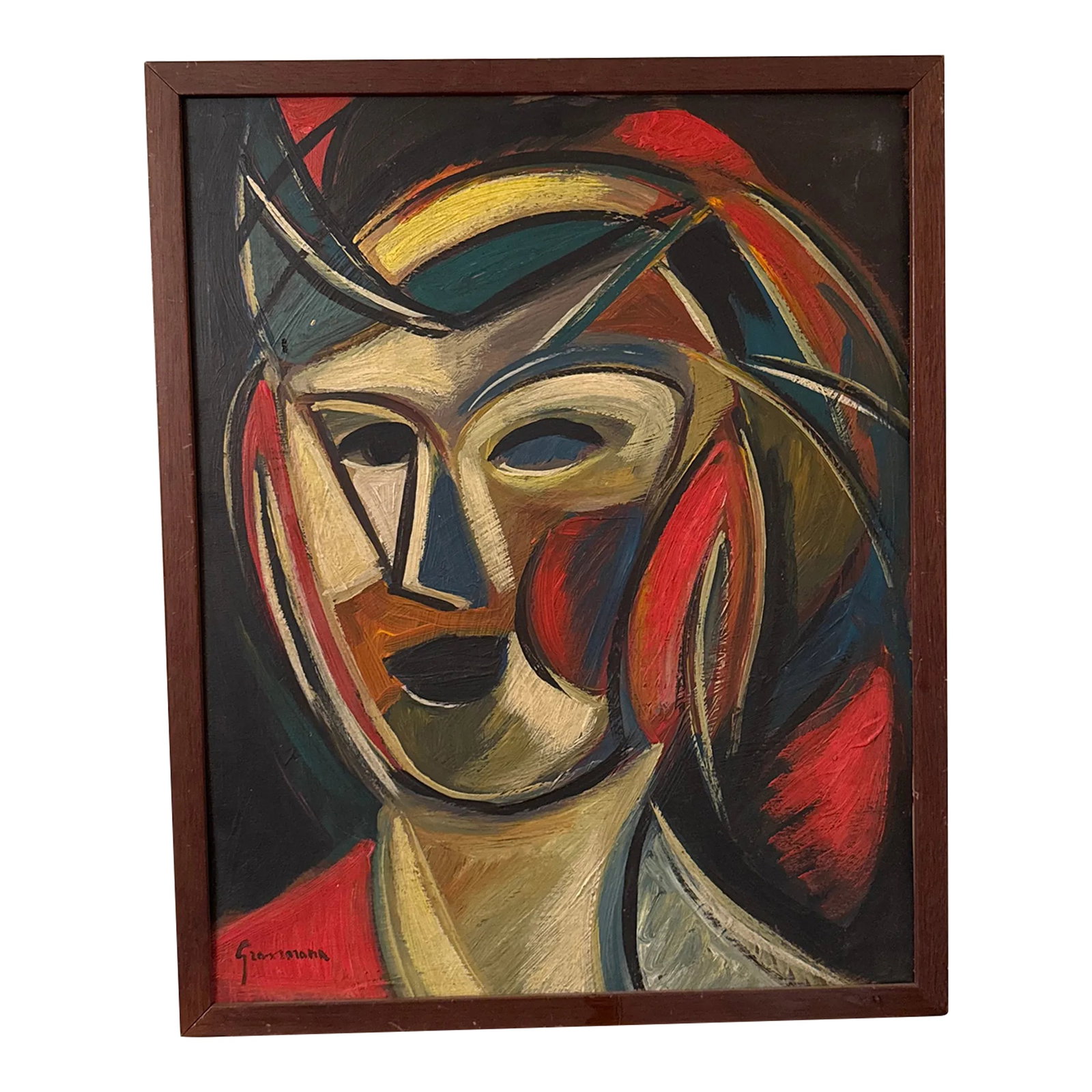 Vintage Italian Abstract Portrait Painting ~ Framed: Very intresting and unusual abstract Italian painting signed, circa 1970s. Good colors and size on this portrait Condition: Alterations: Original Condition Unaltered Imperfections: Some Imperfections 