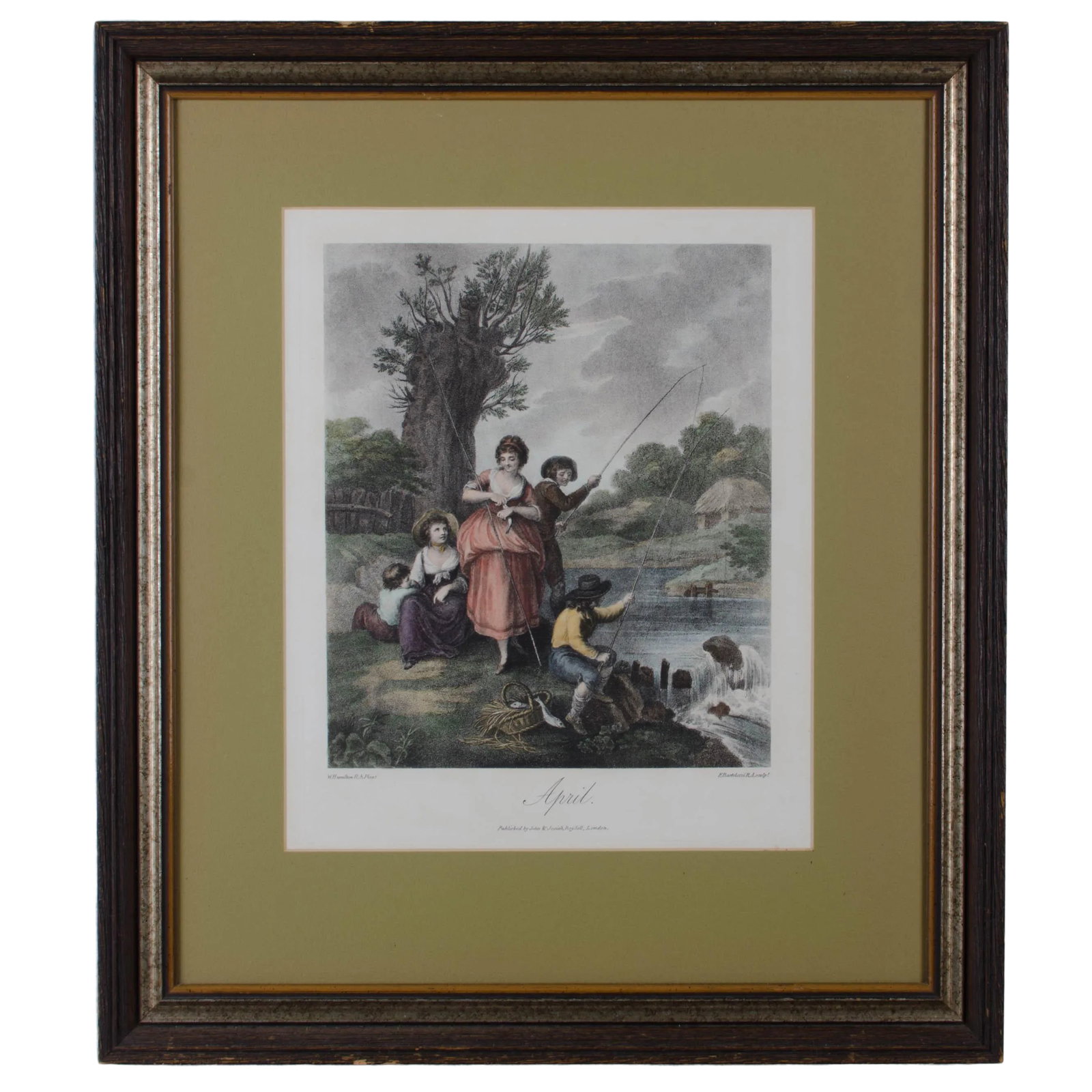 Francesco Bartolozzi "April" Handcolored Engraving: Francesco Bartolozzi (Florence, 1727-1815) April, from the Months of the Year series handcolored restrike engraving after painting by William Hamilton sight: 11 1/2 by 14 inches frame: 20 by 23 inches