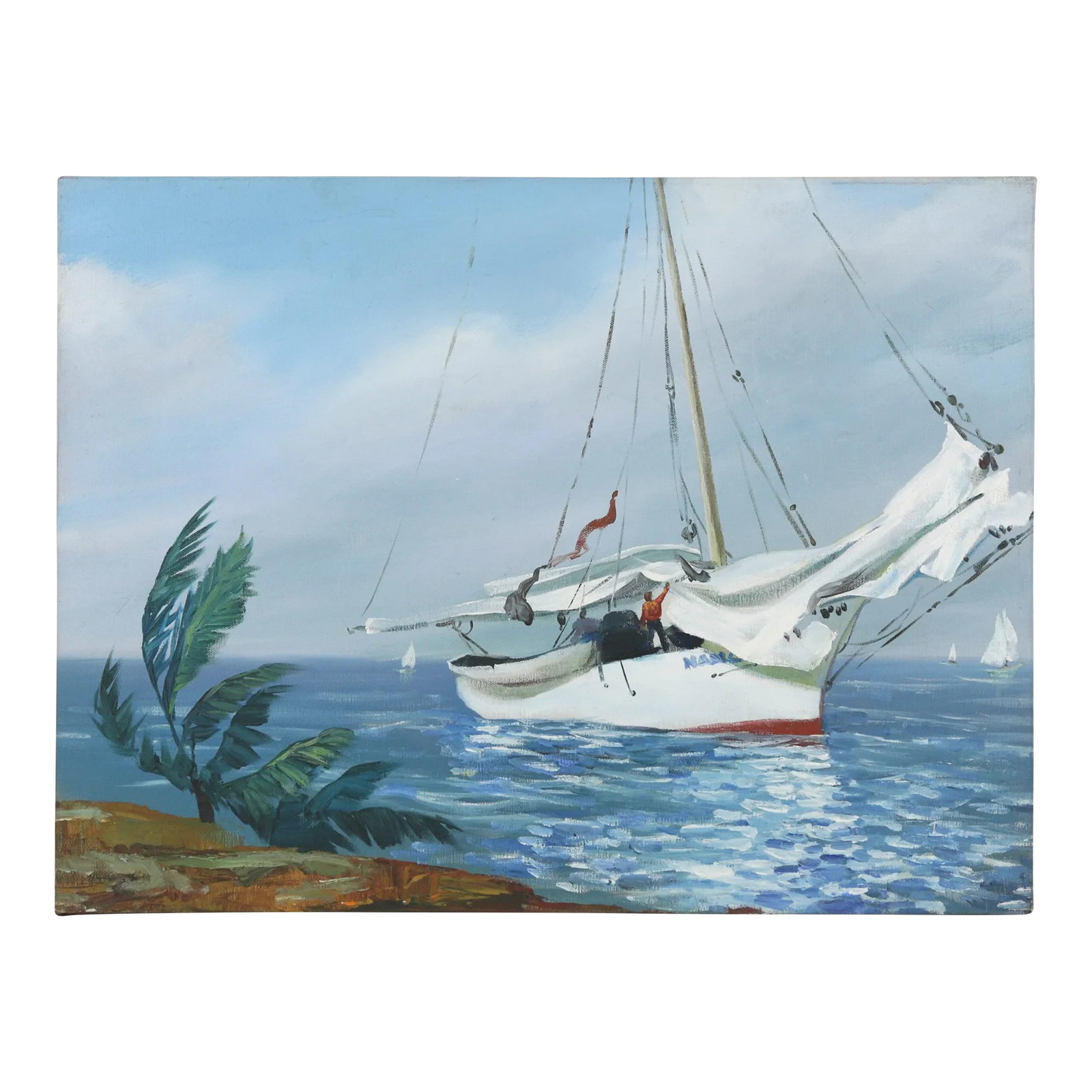 Oil on Canvas, Sea, Wind, Returning Sailboat: Oil on canvas, Sea, Wind, Returning Sailboat Condition: Alterations: Original Condition Unaltered Imperfections: Some Imperfections Condition Notes: Condition: Painting in good condition with some