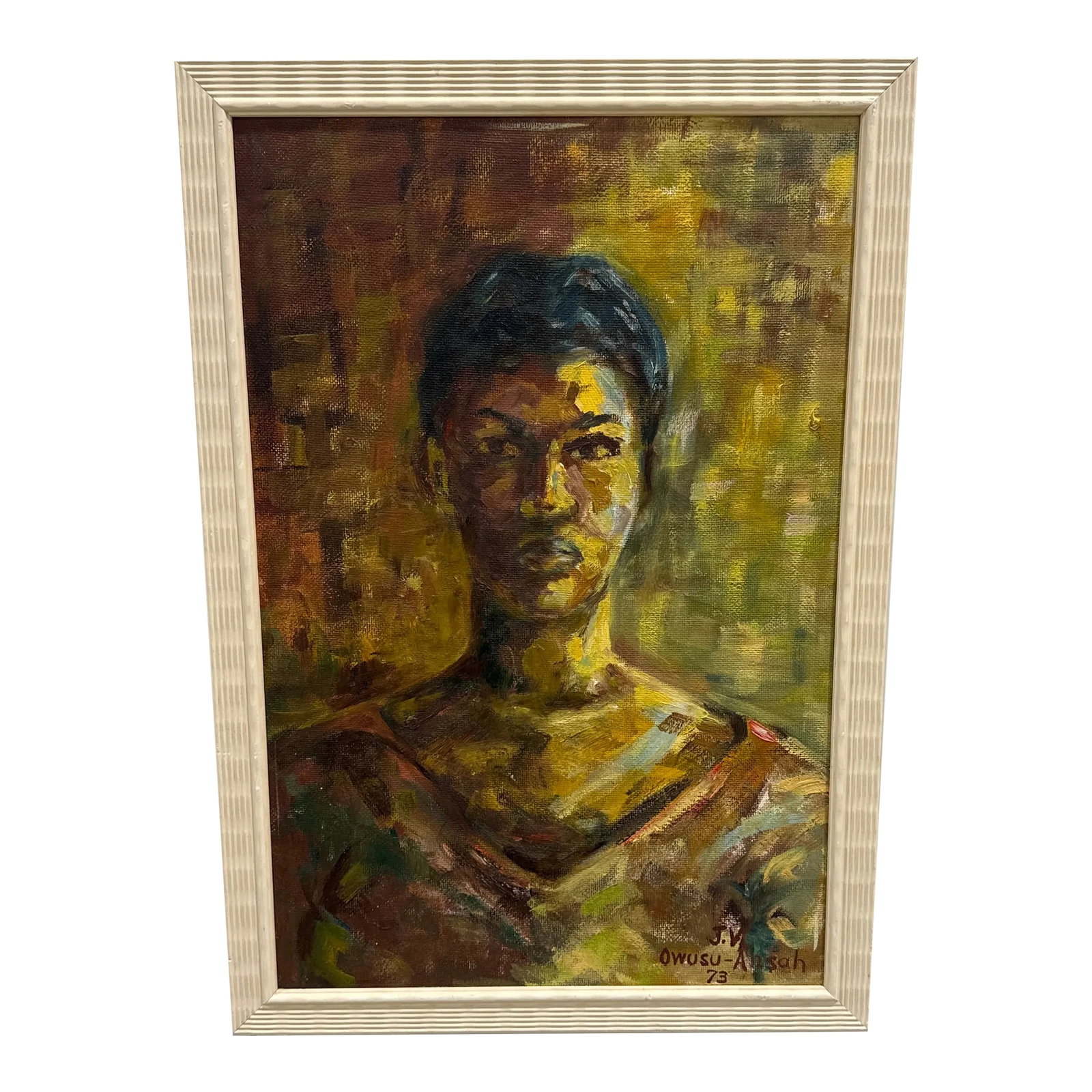 Vintage 1970s Figurative Oil on Board Painting ~Framed and Signed: Beautiful portrait painting done at at the college of arts in Ghana. Good look and colors on this piece, original vintage frame Condition: Alterations: Original Condition Unaltered Imperfections: Some