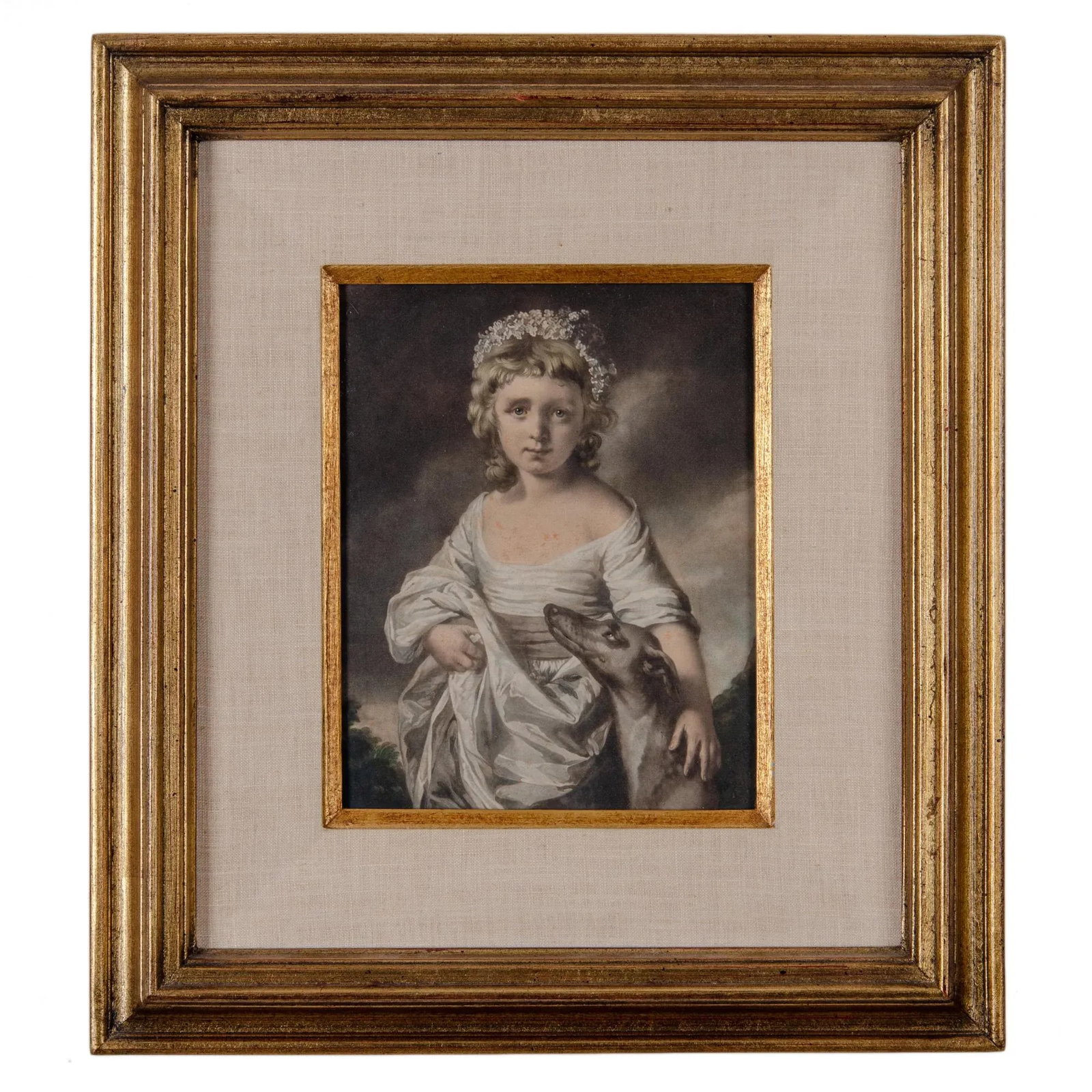 James Watson "Miss Cunliffe With Her Greyhound" Portrait Mezzotint Print, 18th C.: James Watson (Irish, 1739-1790) An Irish mezzotint engraver who lived and worked in London most of his life. He reproduced works after the leading portrait artists of the day and was regarded as a