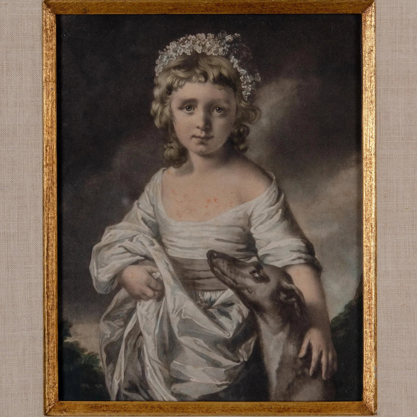 James Watson "Miss Cunliffe With Her Greyhound" Portrait Mezzotint Print, 18th C. - 2