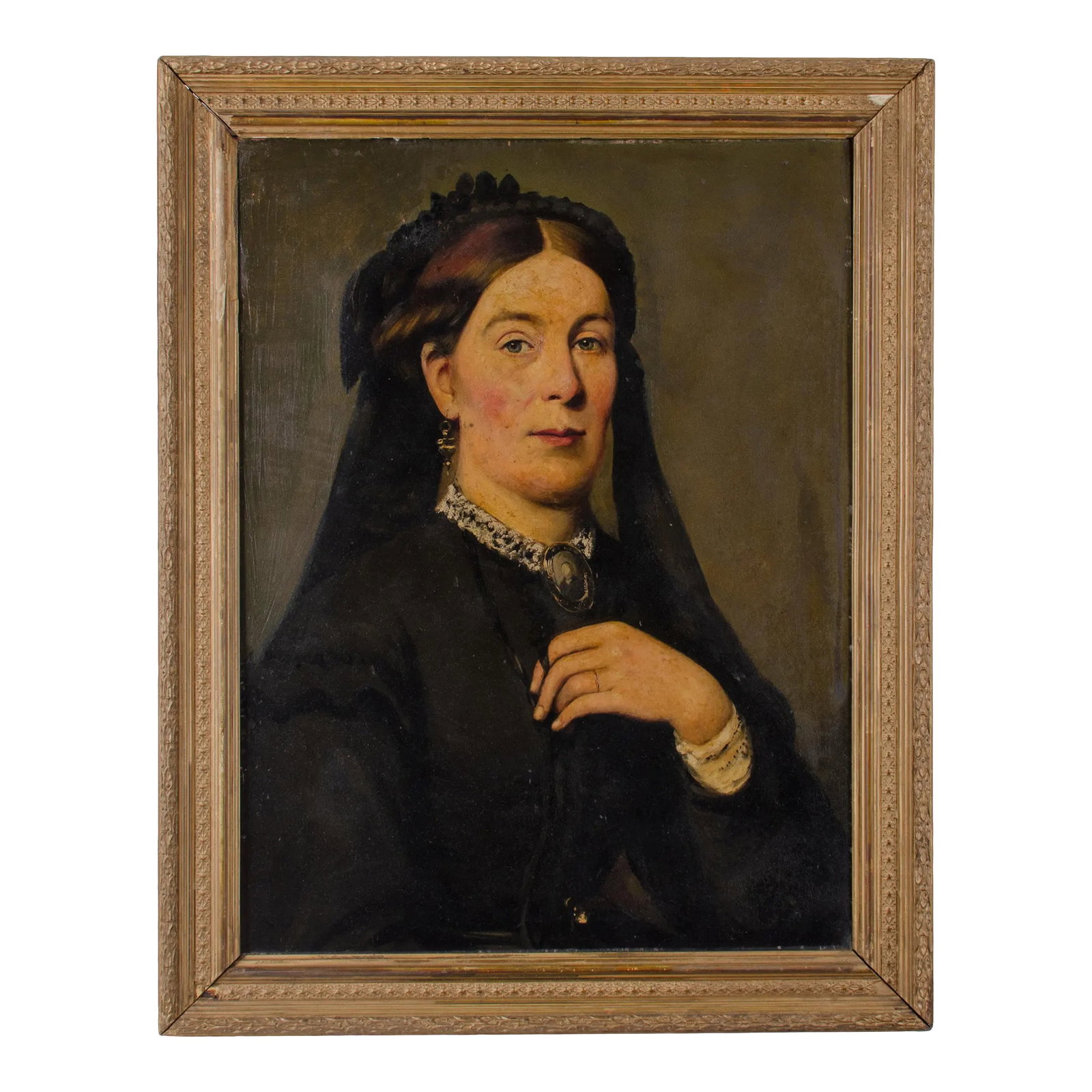 American Mourning Portrait, c.1880: An American school mourning portrait, circa 1880. sight: 18 by 24 inches frame: 23 by 28 1/2 inches Condition: Alterations: Restored Imperfections: Some Imperfections Condition Notes: Fair to good