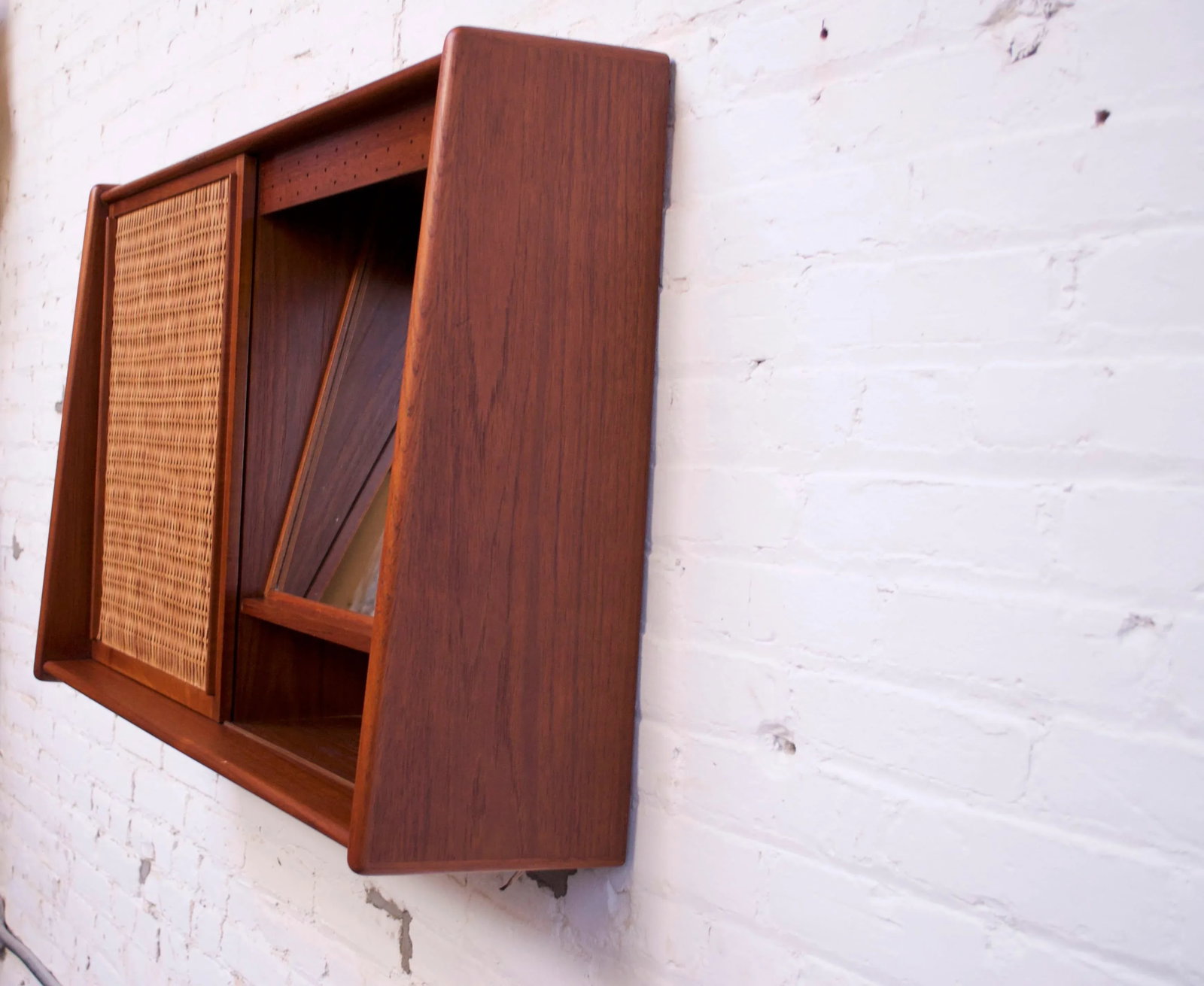 Danish Modern Teak and Cane Wall Mounted Mirror or Hallway Cabinet - 13