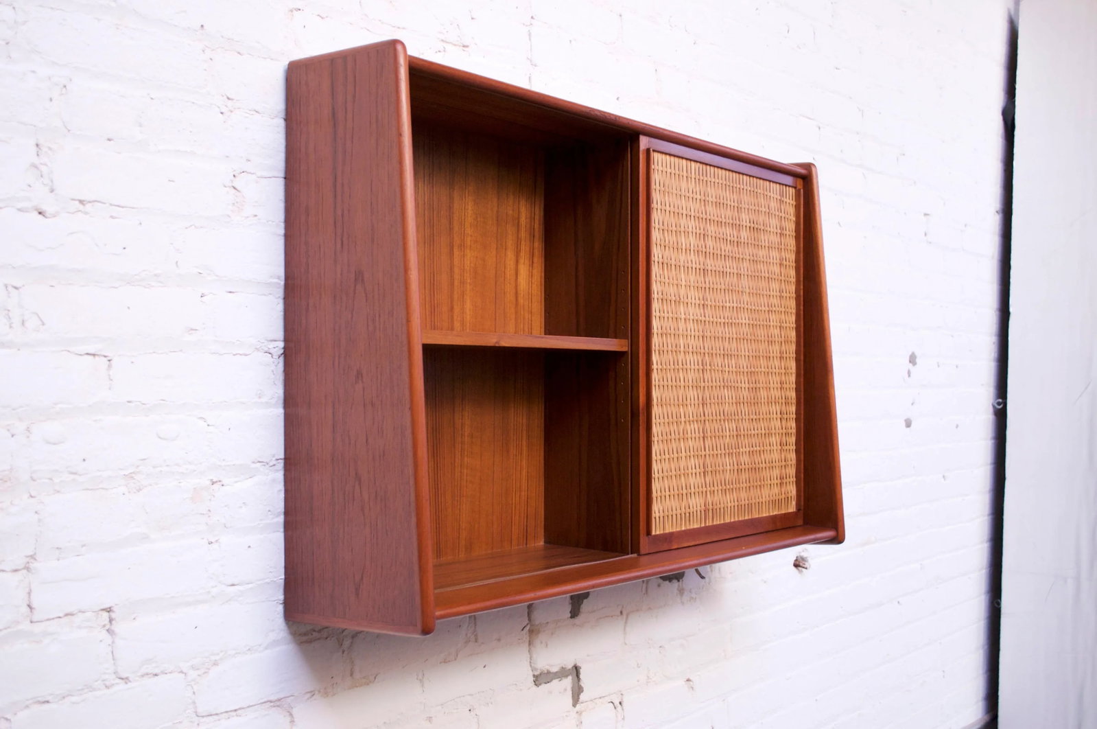 Danish Modern Teak and Cane Wall Mounted Mirror or Hallway Cabinet - 2