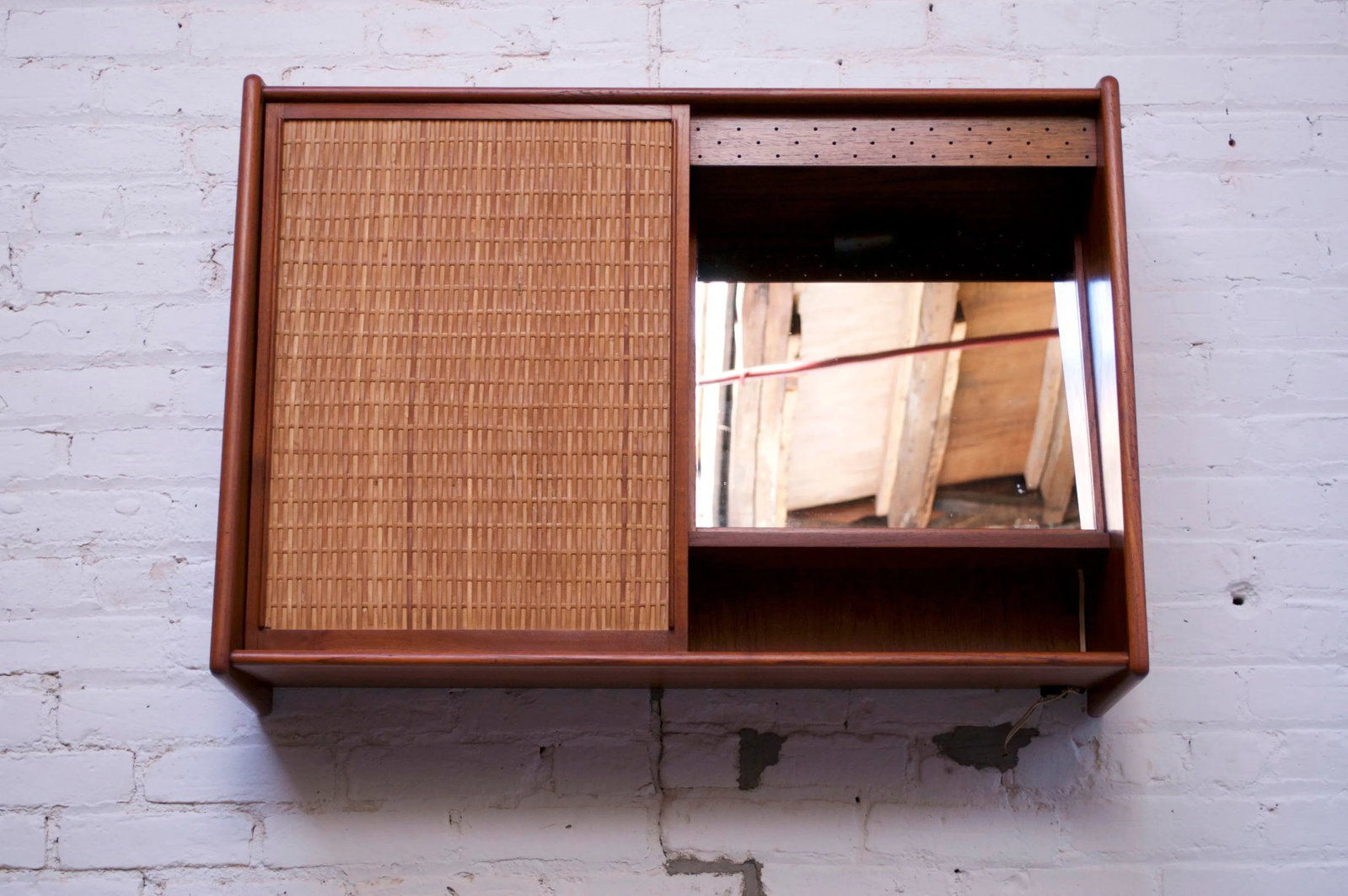 Danish Modern Teak and Cane Wall Mounted Mirror or Hallway Cabinet - 3