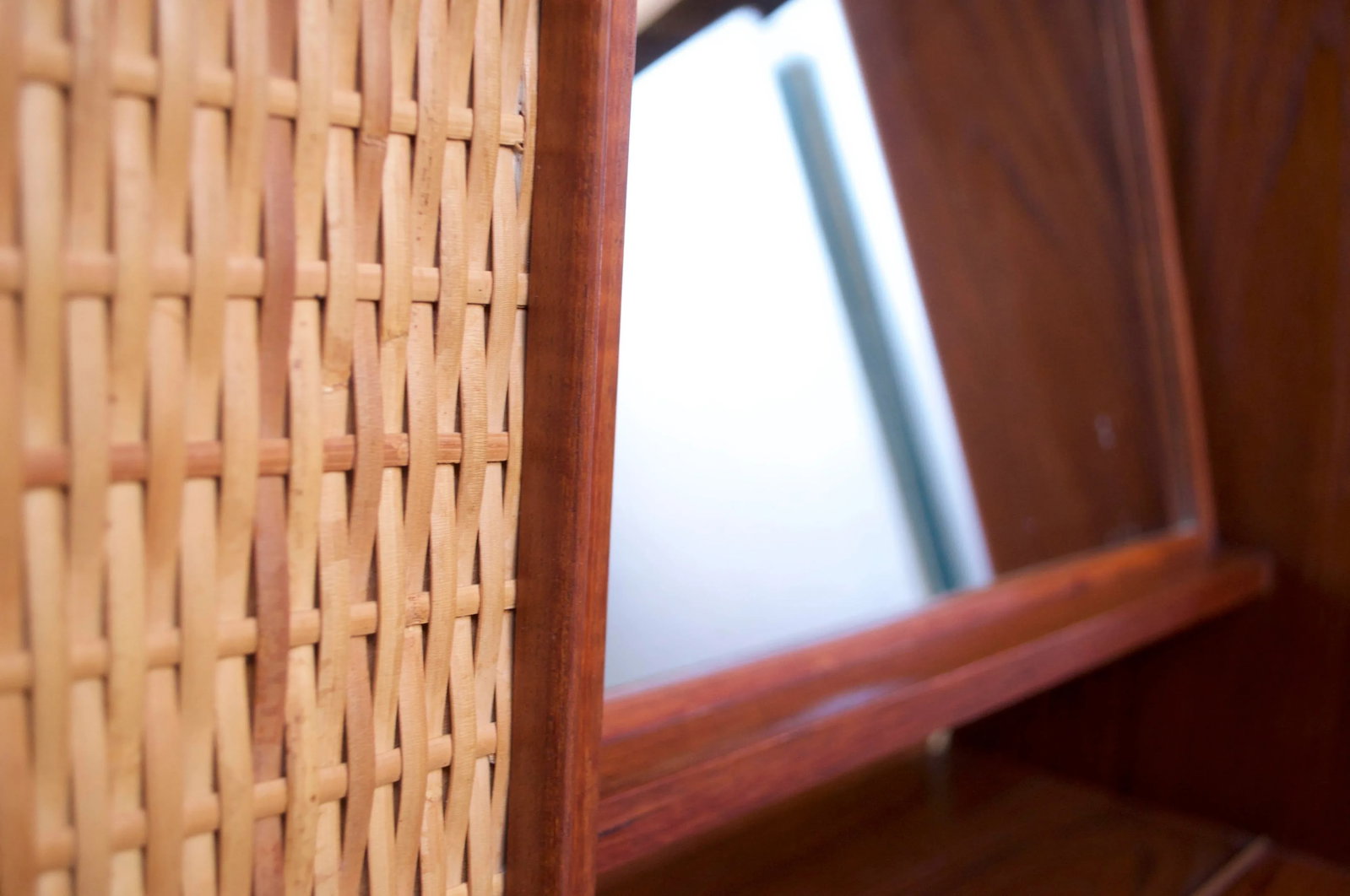 Danish Modern Teak and Cane Wall Mounted Mirror or Hallway Cabinet - 7