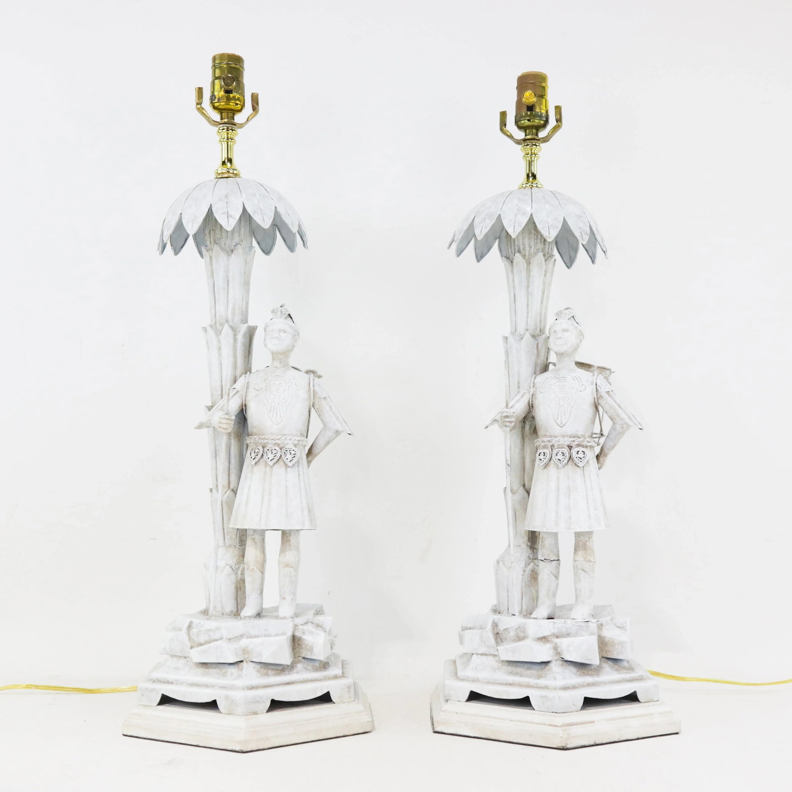 A Unique Pair of White Handmade Metal Antique Lamps, Warrior and Palm Tree Lamps - 12
