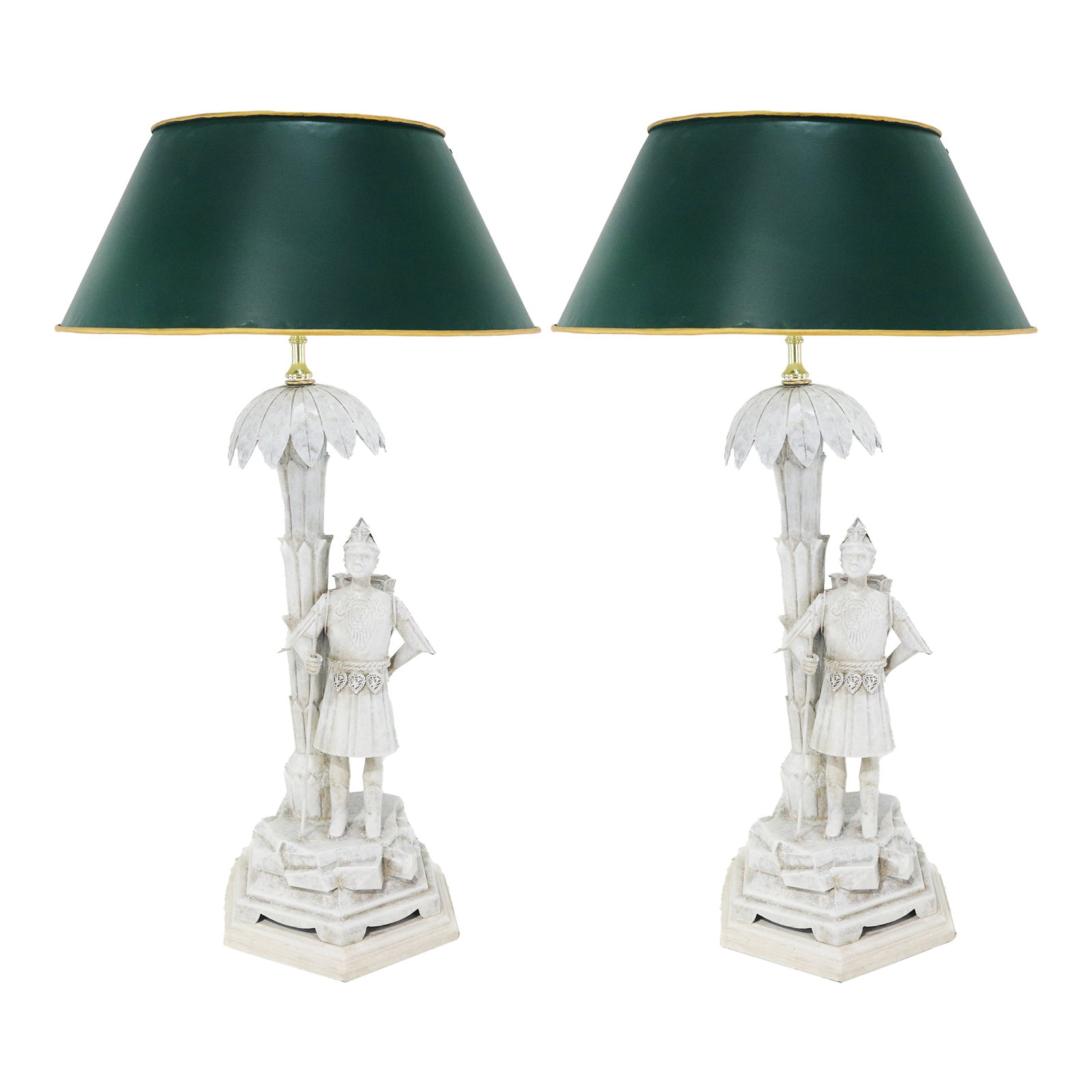A Unique Pair of White Handmade Metal Antique Lamps, Warrior and Palm Tree Lamps: This pair of exquisite antique lamps is a clever combination of 18th-century European style and Asian art. The trunk and figures are all handmade from metal, and they combine to show an extraordinary