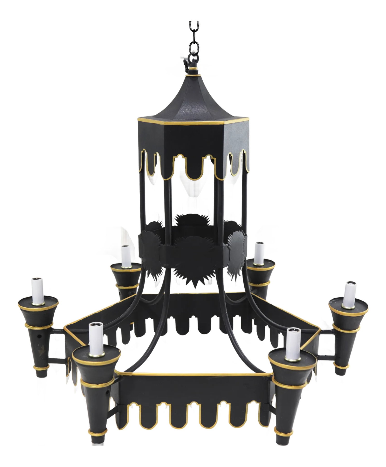 Black Tole Pagoda Style Tower Chandelier With Gold Accents: Elevate your interiors with this stunning black tole chandelier featuring a pagoda-inspired silhouette and elegant gold detailing. With six arms curving gracefully from a hexagonal body, this vintage