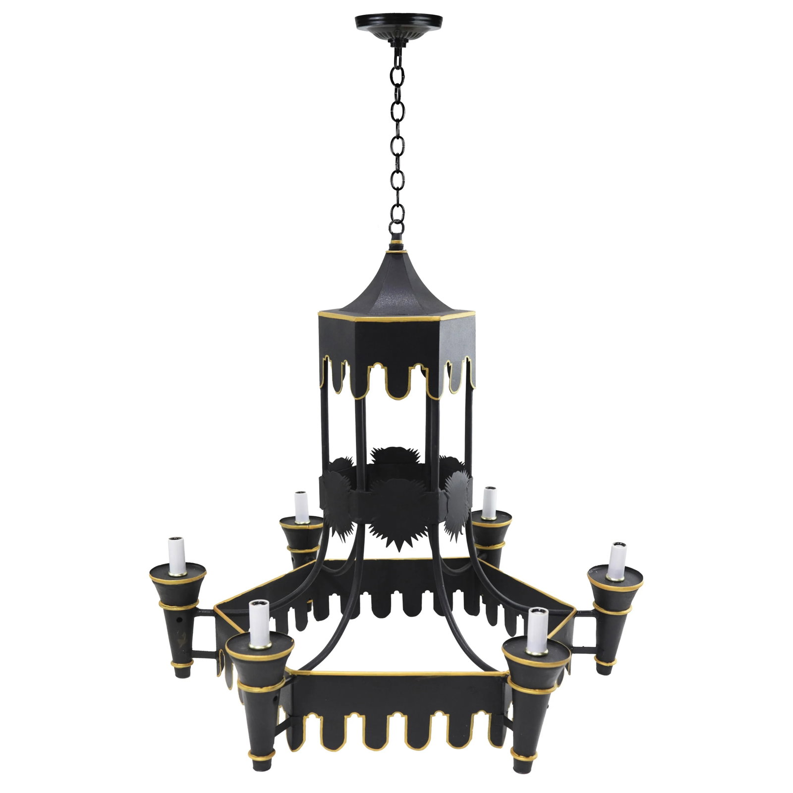Black Tole Pagoda Style Tower Chandelier With Gold Accents - 2