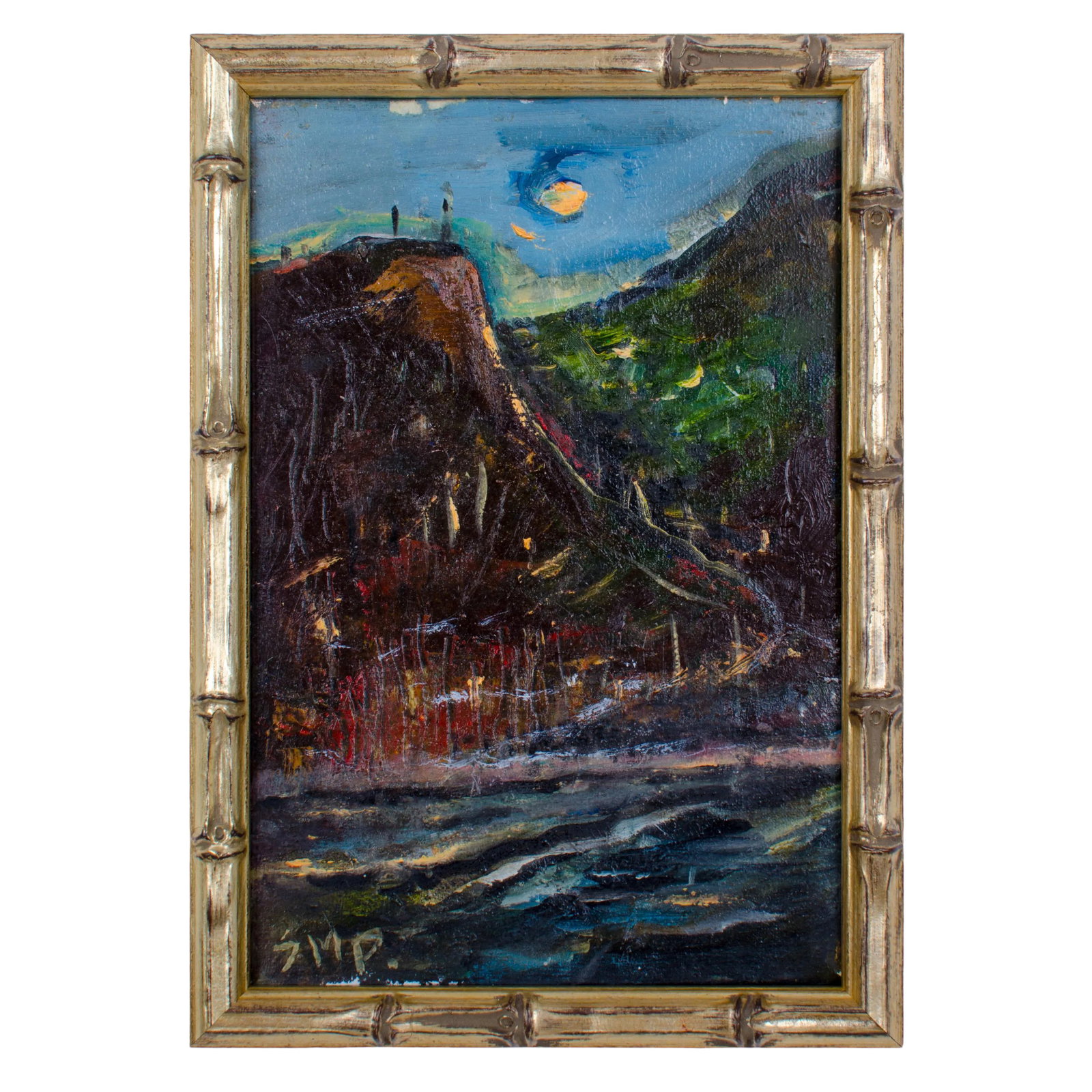 Suzanne McCullough Plowden, Rio De Janeiro at Night, Brazil, 1978 Oil on Canvas: Offered is an oil on canvas entitled "Rio 1978", an impressionistic style painting depicting a scene of a Rio beach with mountains at night. sight 6 1/2 by 9 1/2 inches frame 7 3/8 by 10 3/8 inches