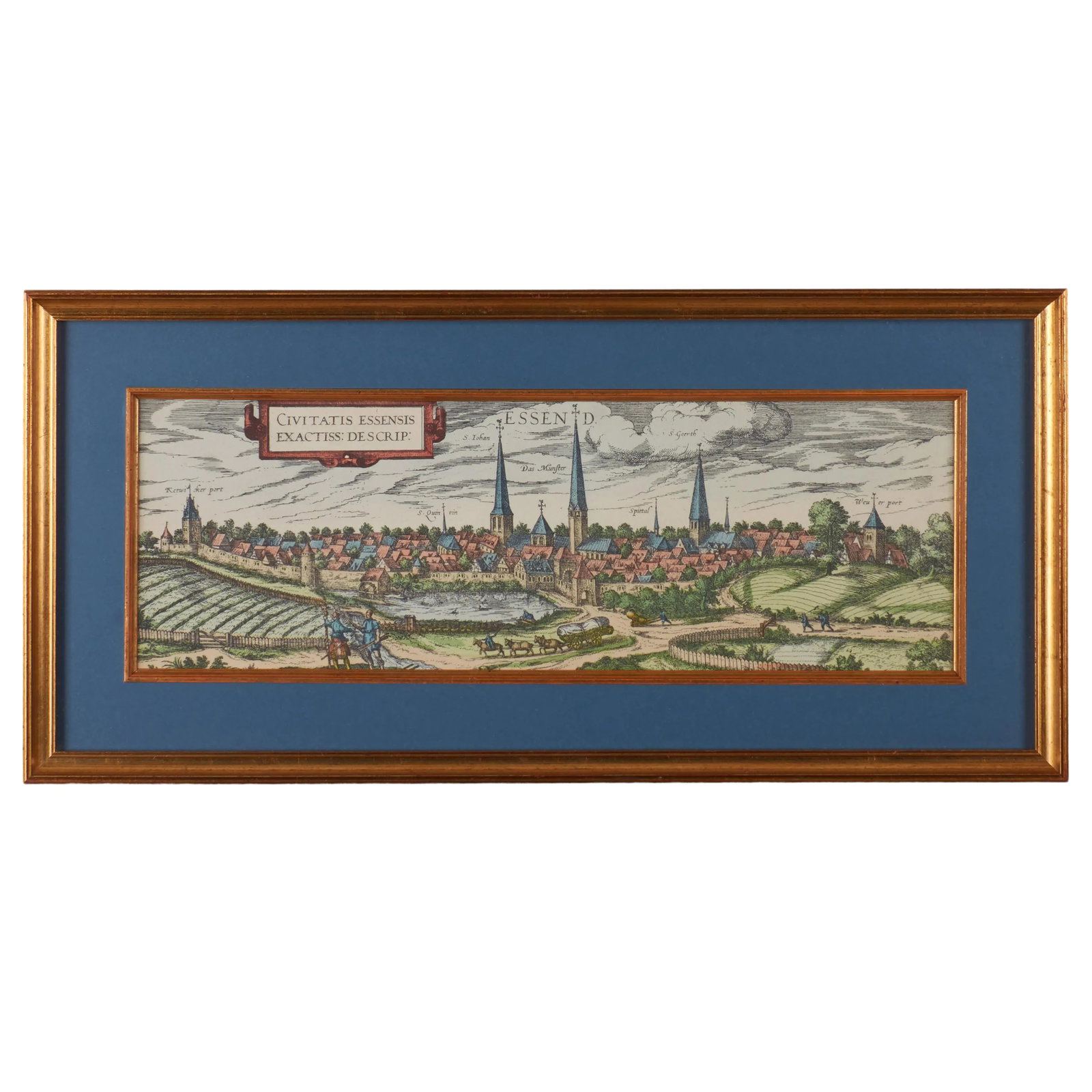 Panoramic Historical View of Essen, Germany by Hogenberg and Braun: Offered is a framed hand colored reproduction print of the 1588 engraving by Braun and Hogenberg. The image presents a birds eye view of the medievel town of Essen in Germany. The view is from the