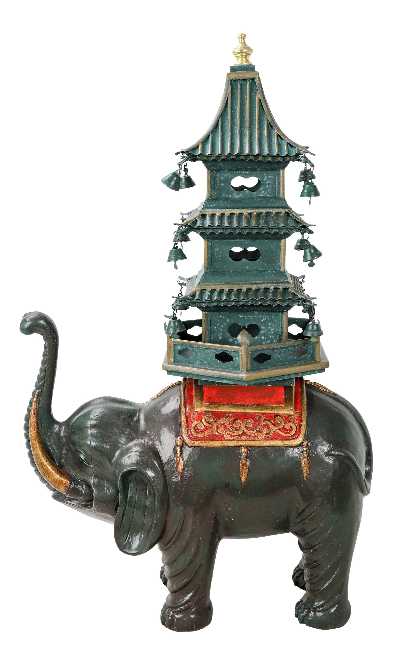 Dark Green Elephant Carrying Pagoda Sculpture: Sculpture of a dark green elephant carrying a pagoda with a lighter shade of green on its back. The addition of a rug between it and the pagoda offers comfort to the elephant and a smooth ride for any
