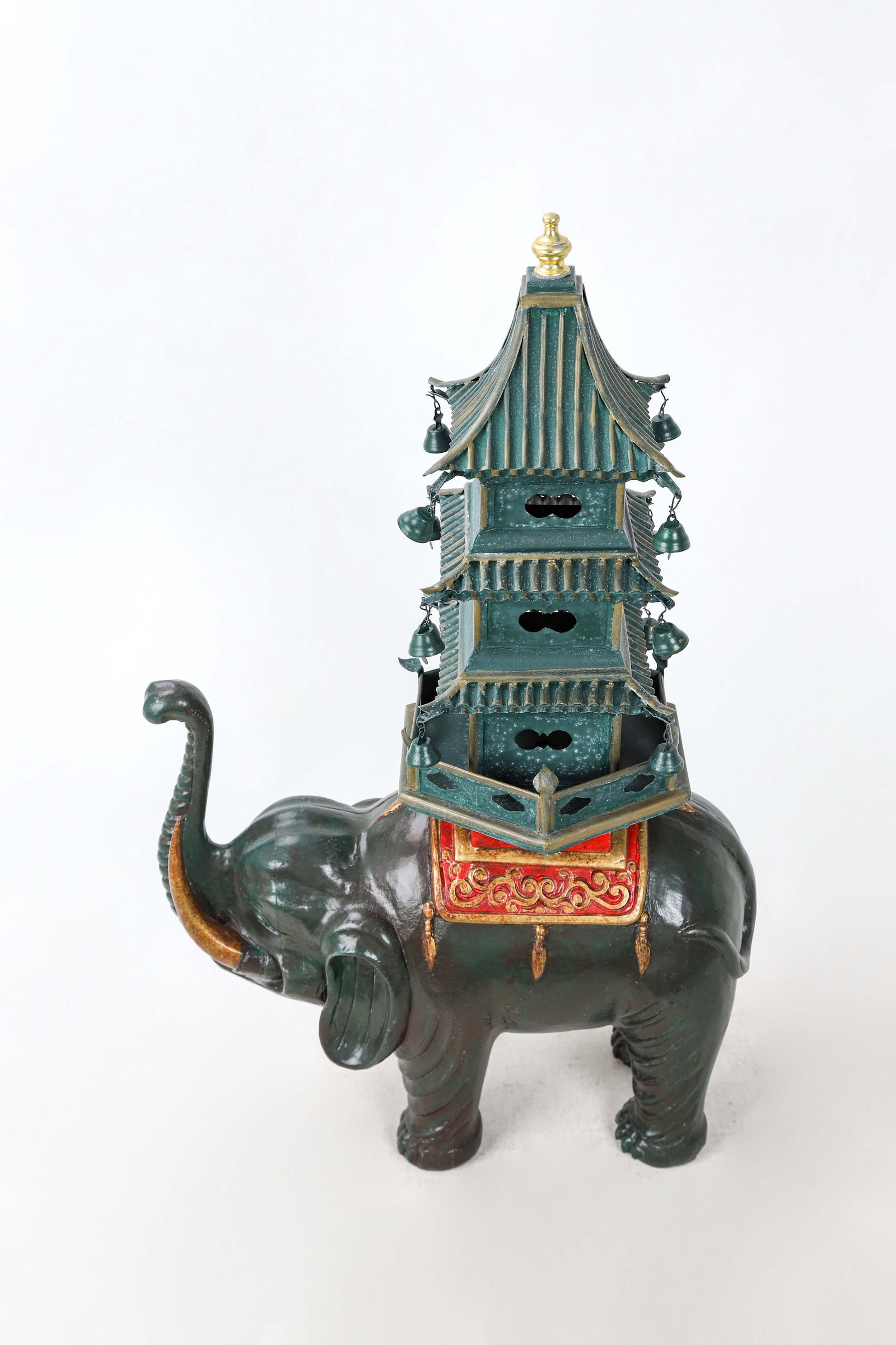 Dark Green Elephant Carrying Pagoda Sculpture - 2