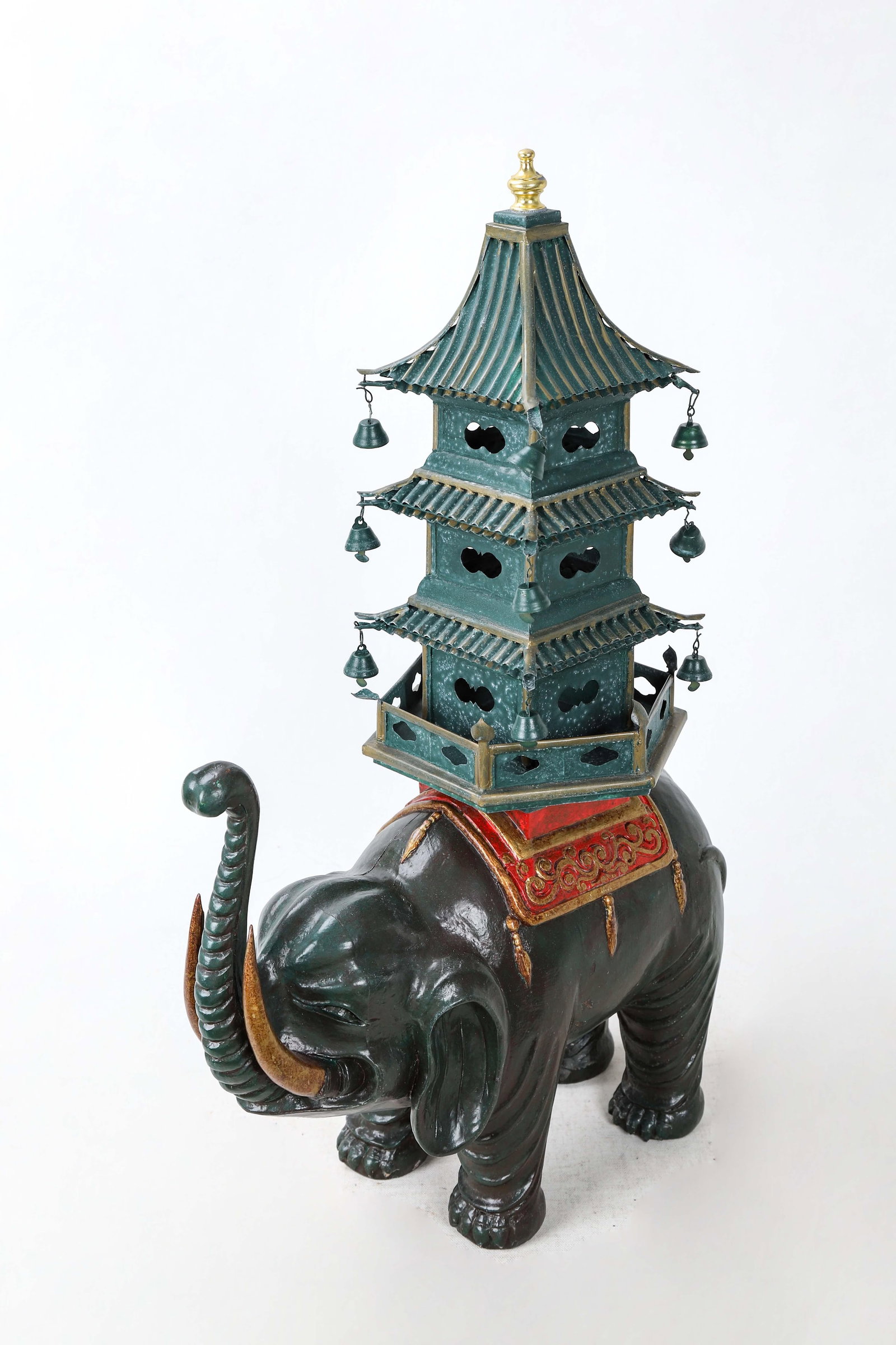 Dark Green Elephant Carrying Pagoda Sculpture - 3