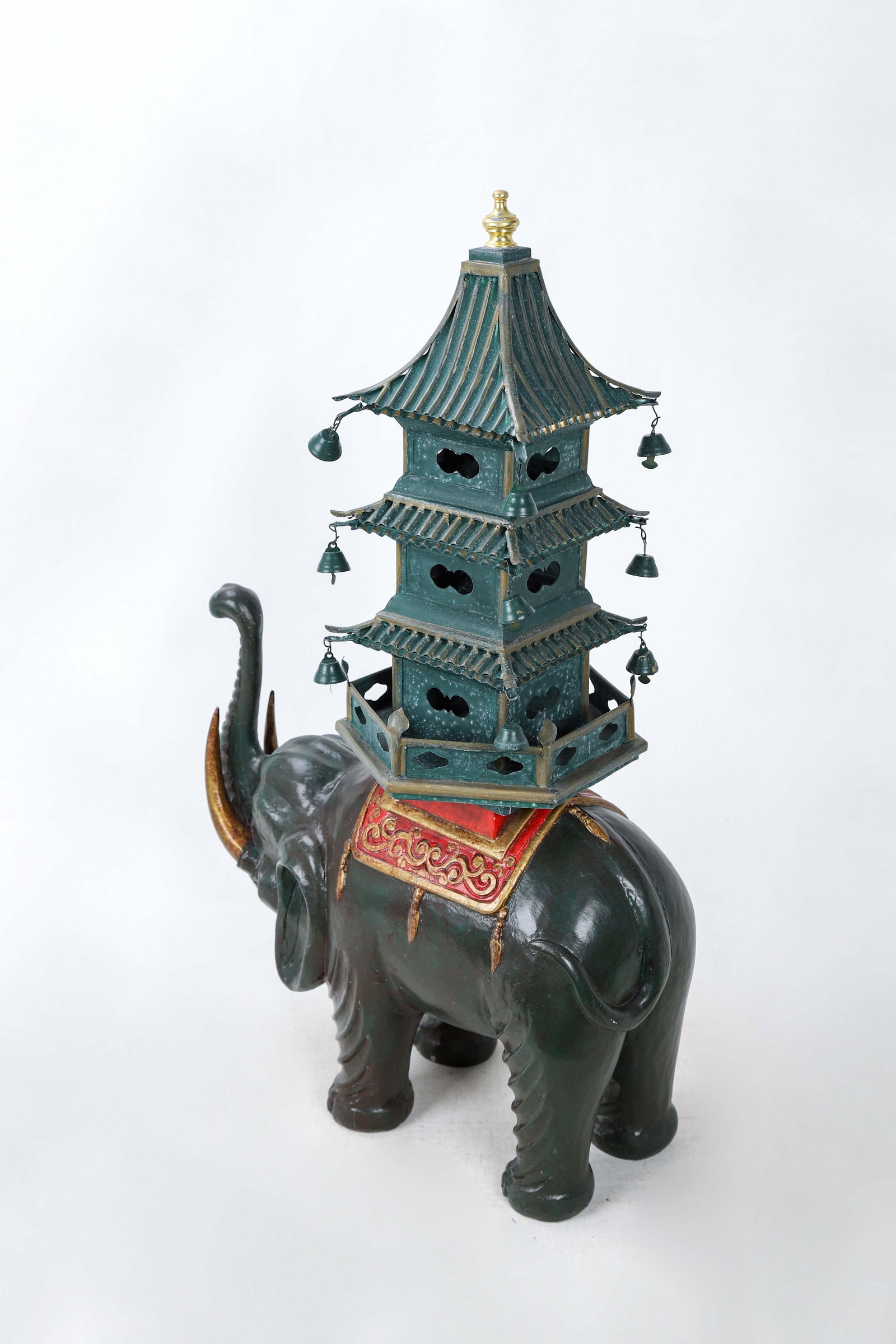Dark Green Elephant Carrying Pagoda Sculpture - 5