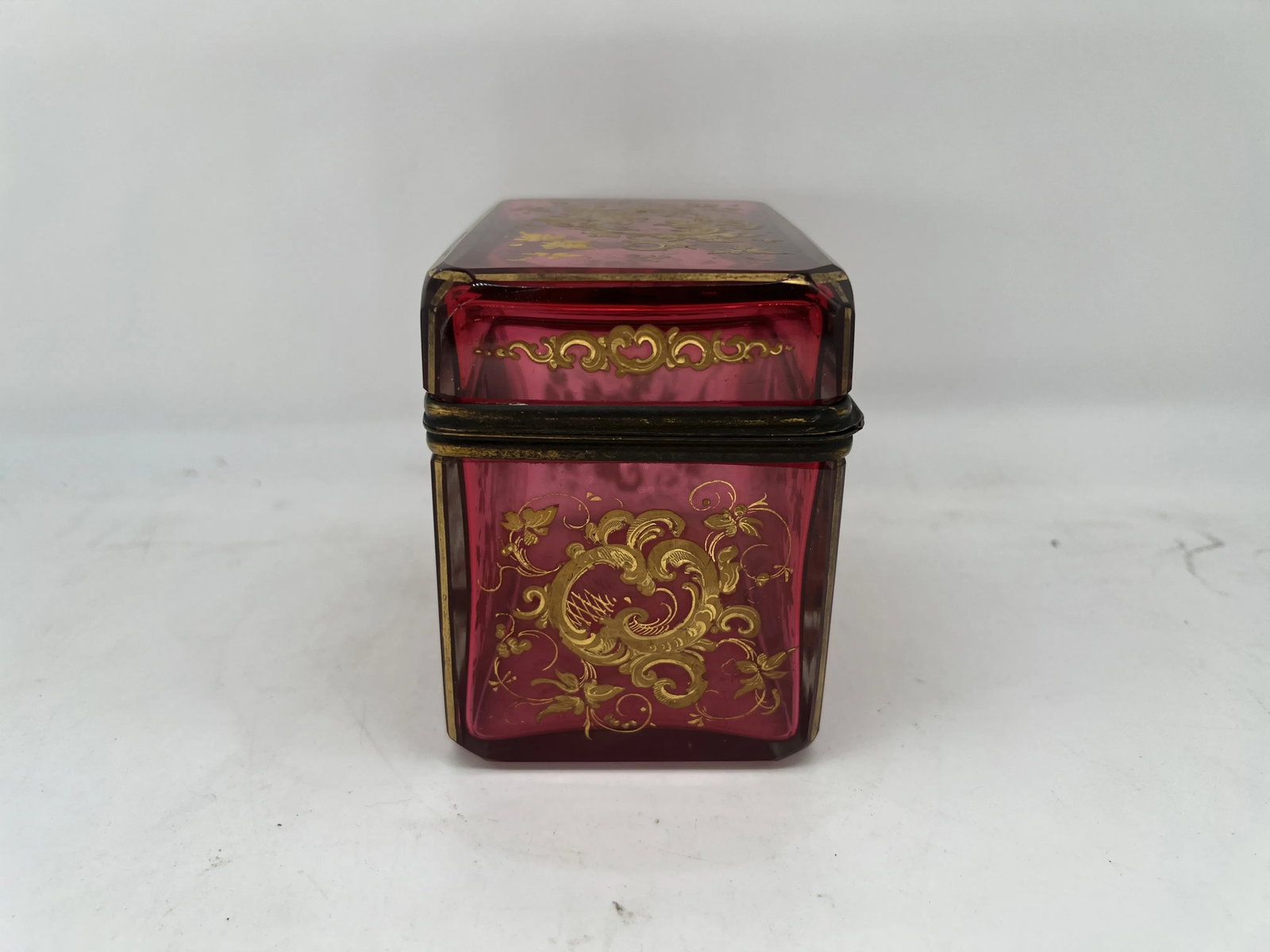 Antique Moser Cranberry Enameled & Ormolu Mounted Glass Casket Box - 3