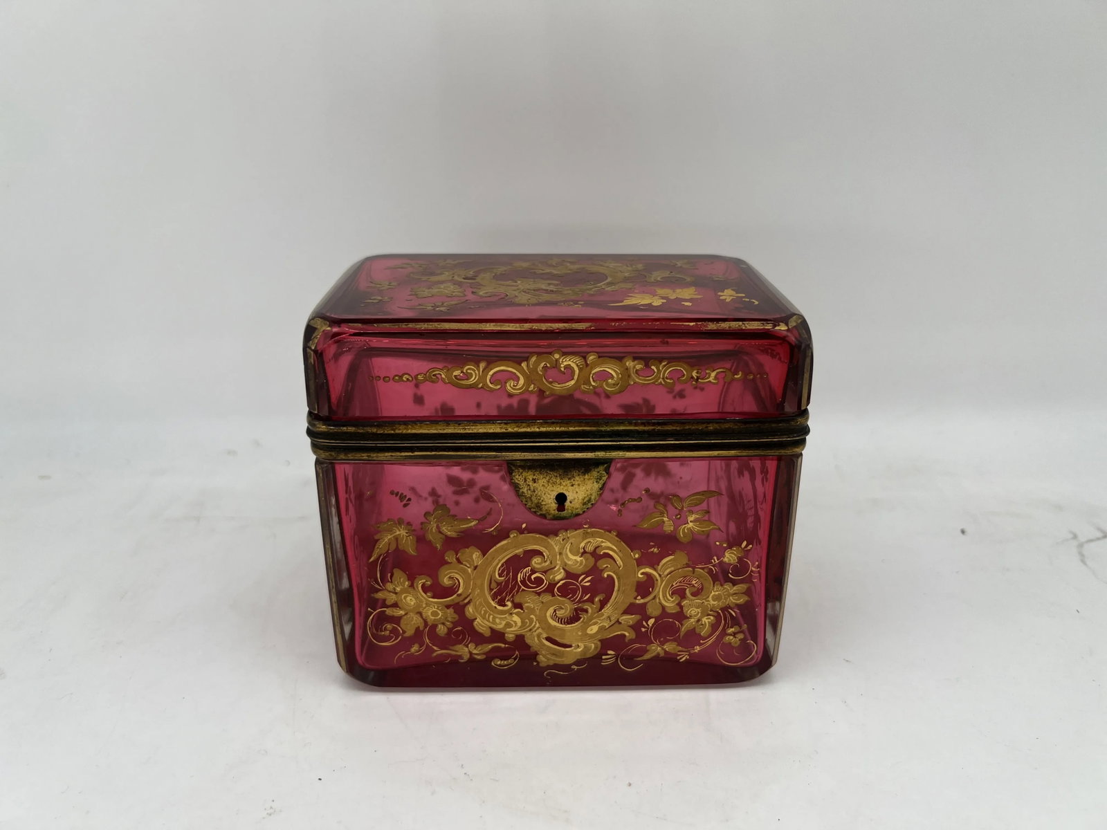 Antique Moser Cranberry Enameled & Ormolu Mounted Glass Casket Box - 6