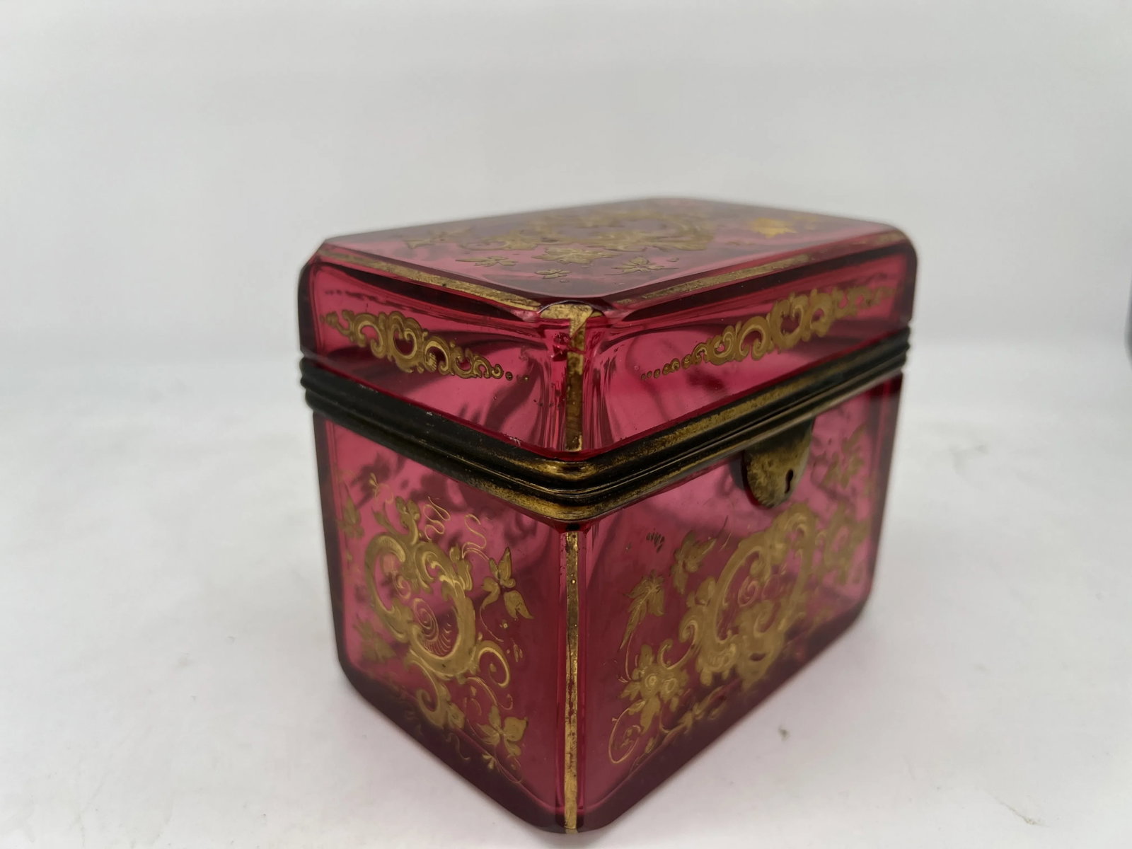 Antique Moser Cranberry Enameled & Ormolu Mounted Glass Casket Box - 8